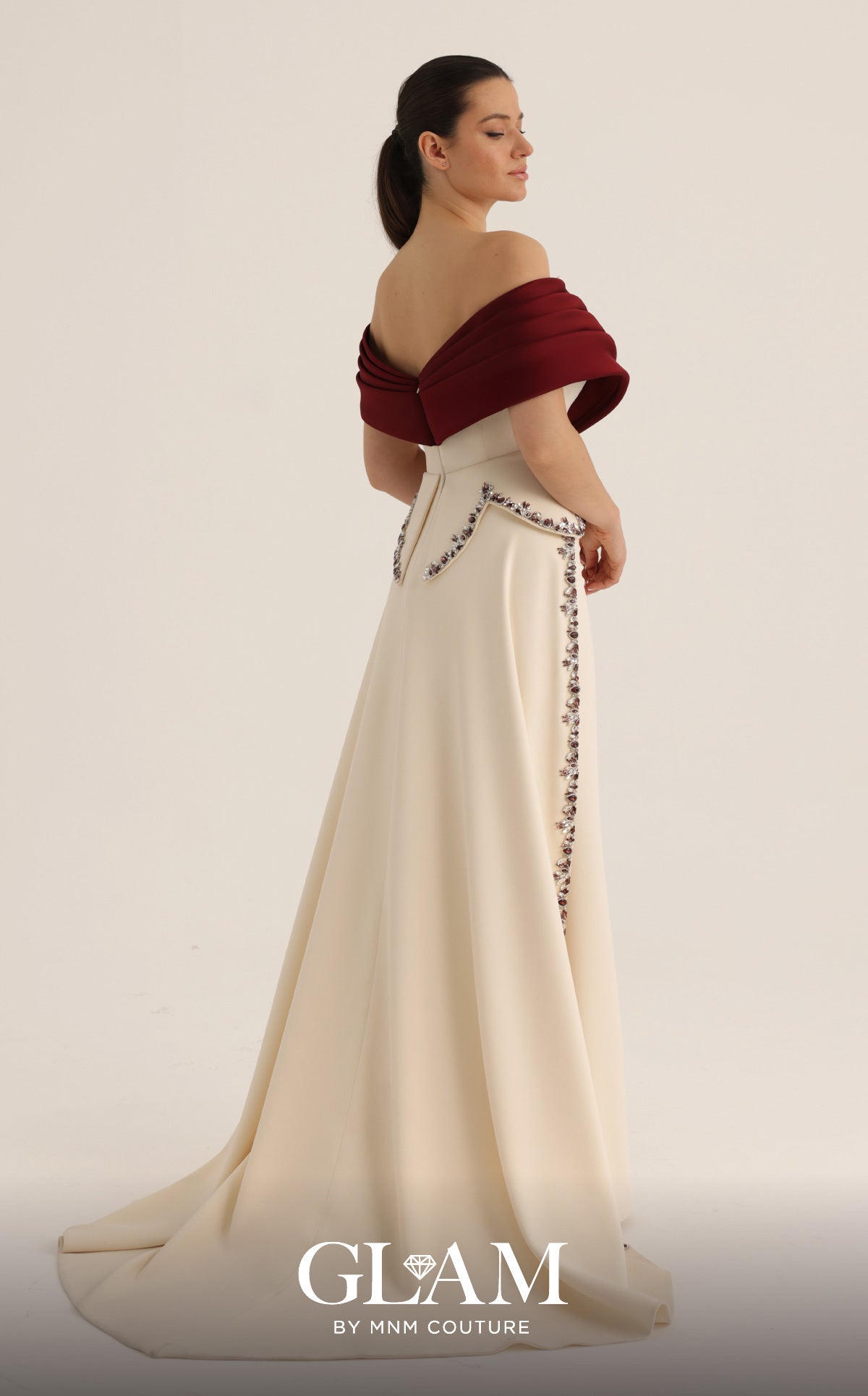 MNM Couture O07865 White Off-the-Shoulder Two-Tone Gown with Split Over-Skirt