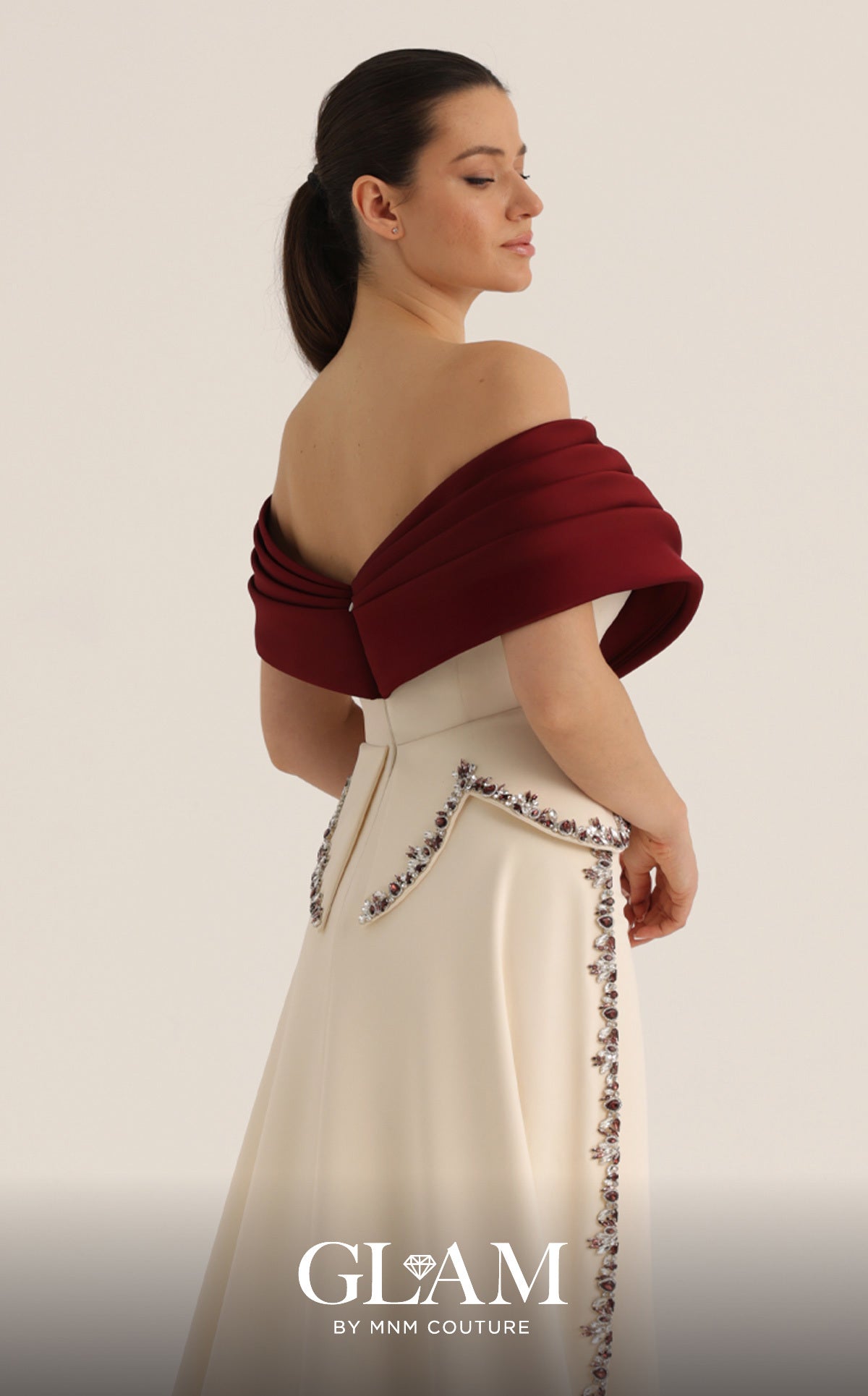 MNM Couture O07865 White Off-the-Shoulder Two-Tone Gown with Split Over-Skirt