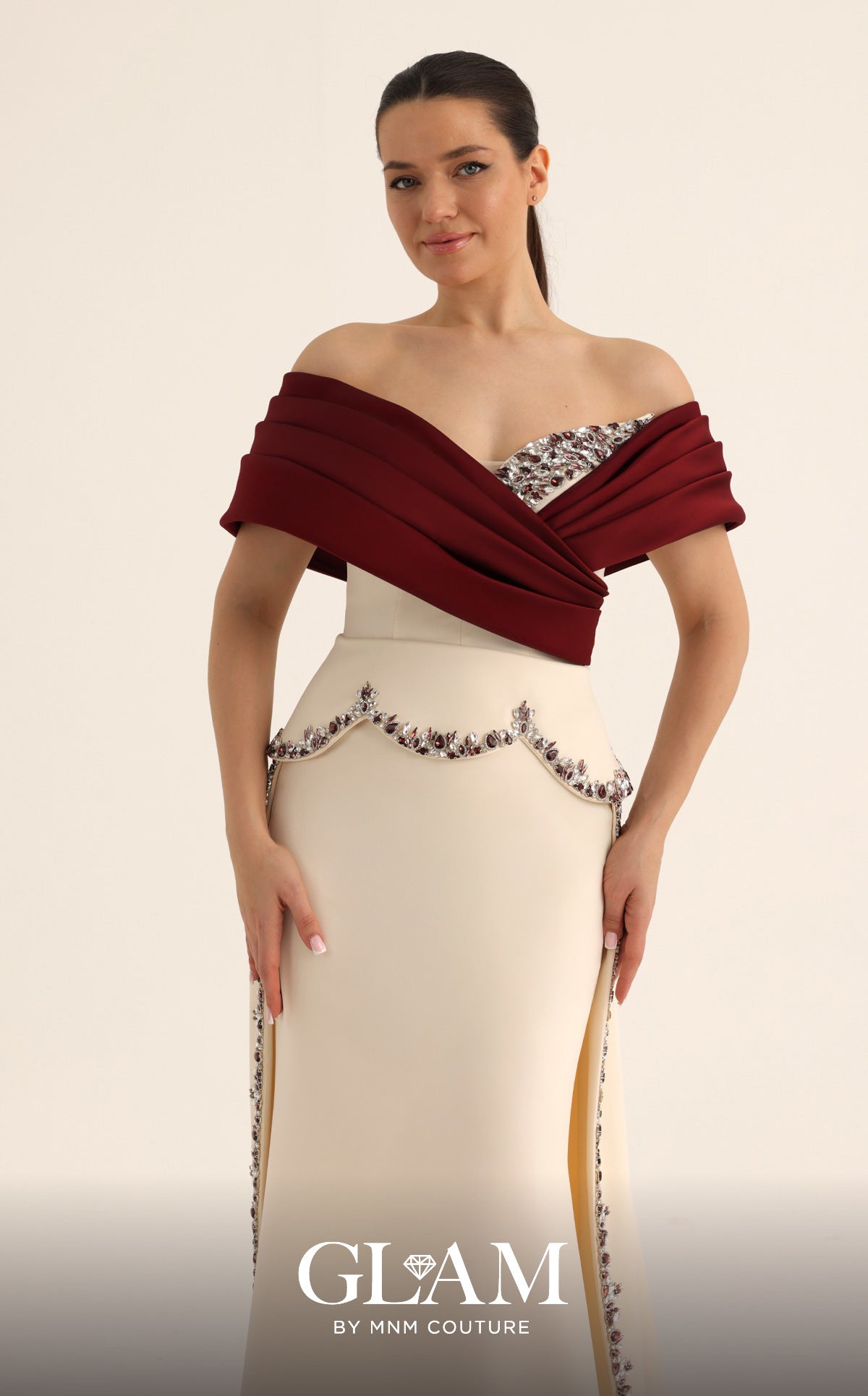 MNM Couture O07865 White Off-the-Shoulder Two-Tone Gown with Split Over-Skirt