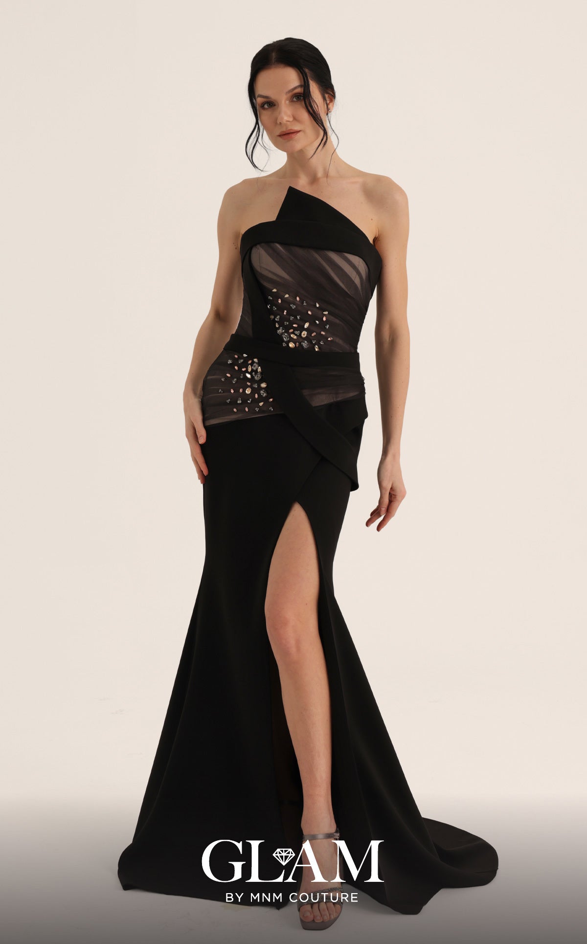 MNM Couture O07868 Black Asymmetrical Strapless Starburst Illusion Gown