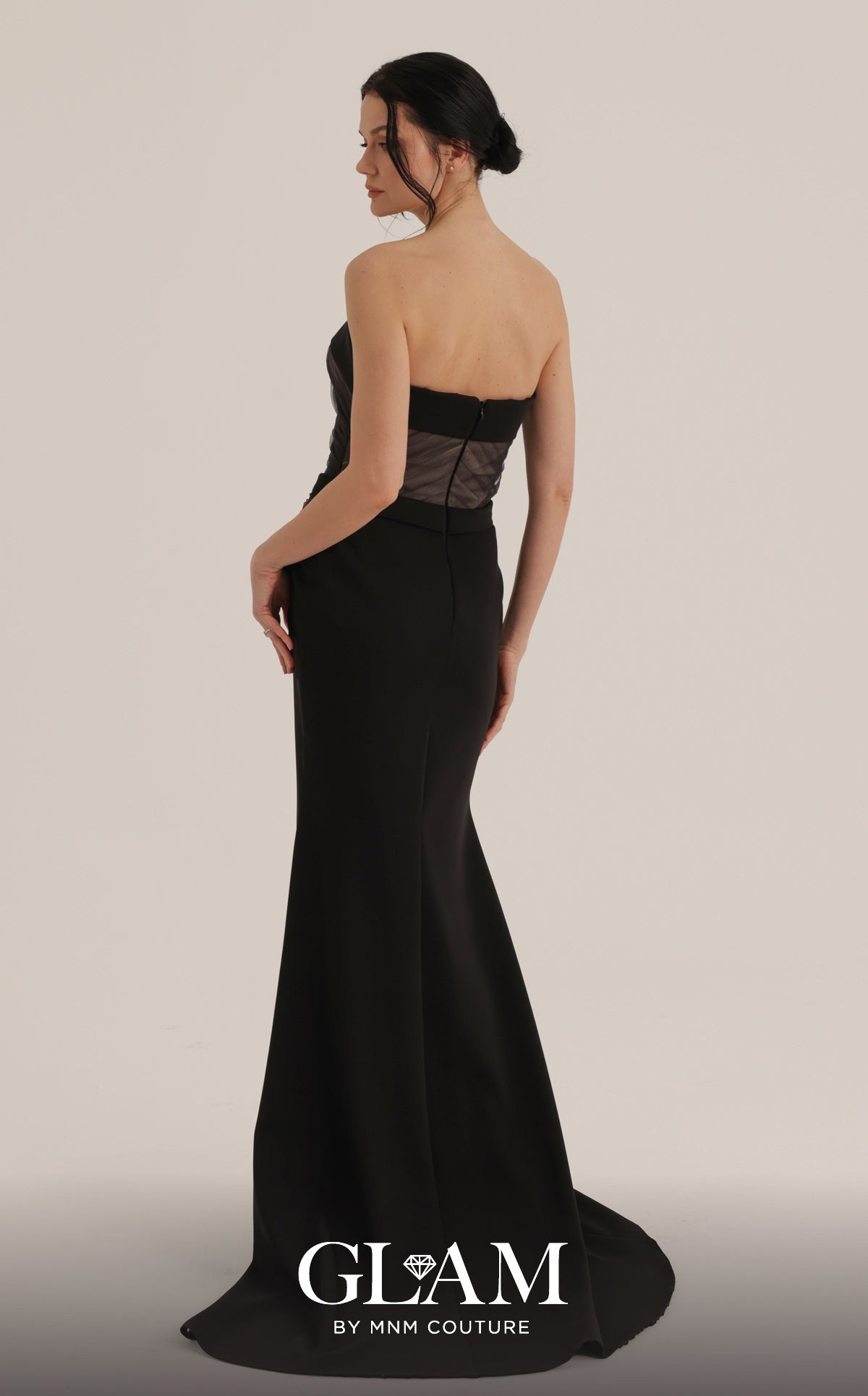 MNM Couture O07868 Black Asymmetrical Strapless Starburst Illusion Gown
