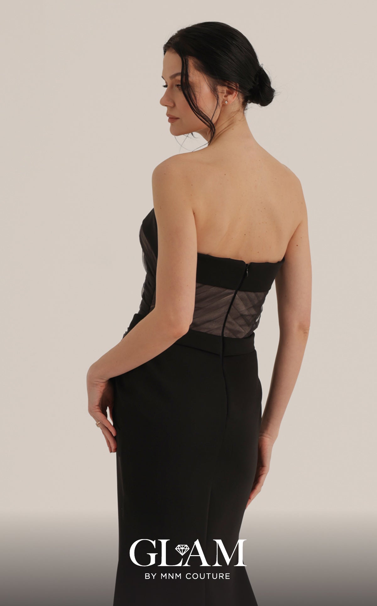 MNM Couture O07868 Black Asymmetrical Strapless Starburst Illusion Gown