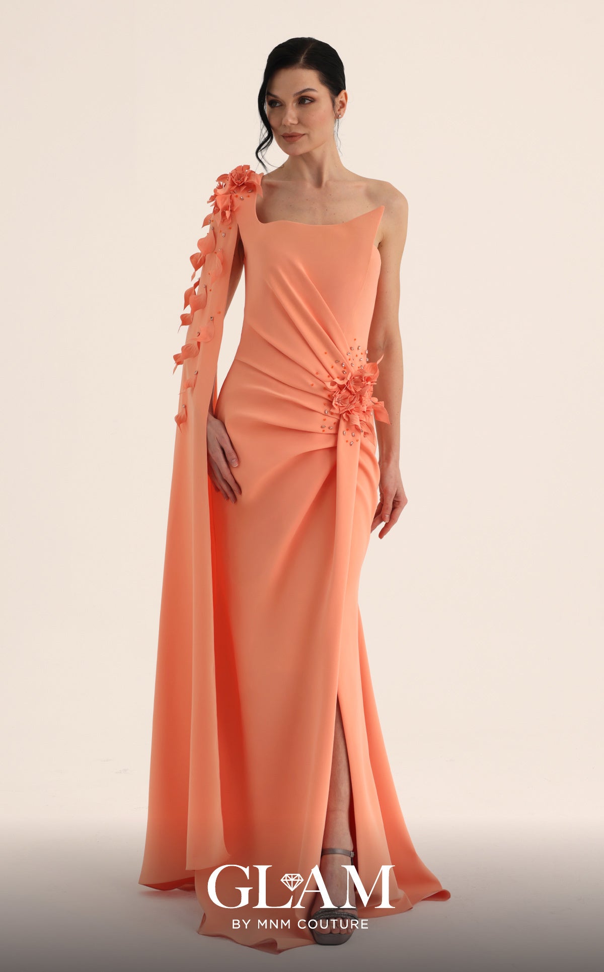 MNM Couture O07883 Orange 3D Floral One-Shoulder Cape Gown