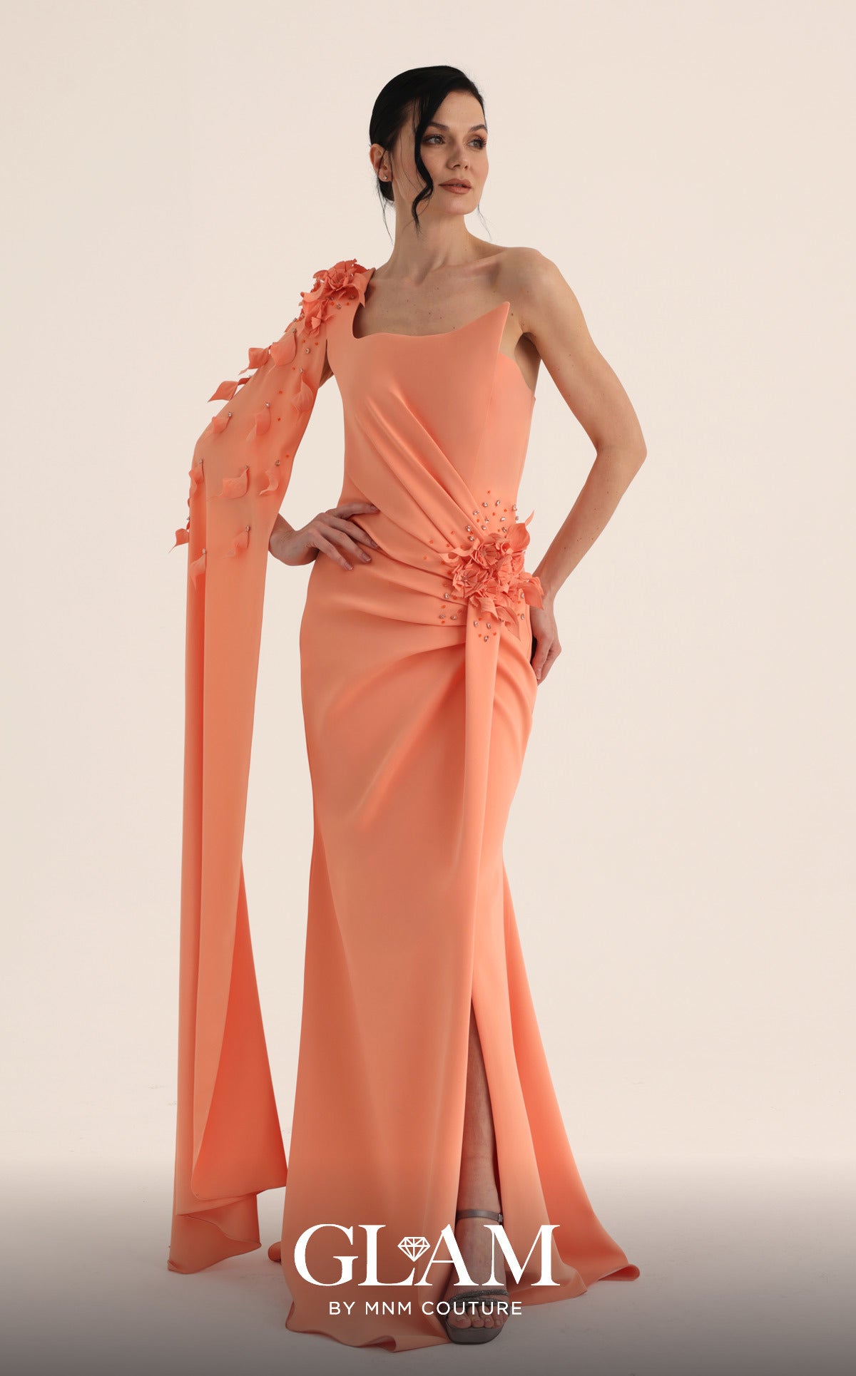 MNM Couture O07883 Orange 3D Floral One-Shoulder Cape Gown