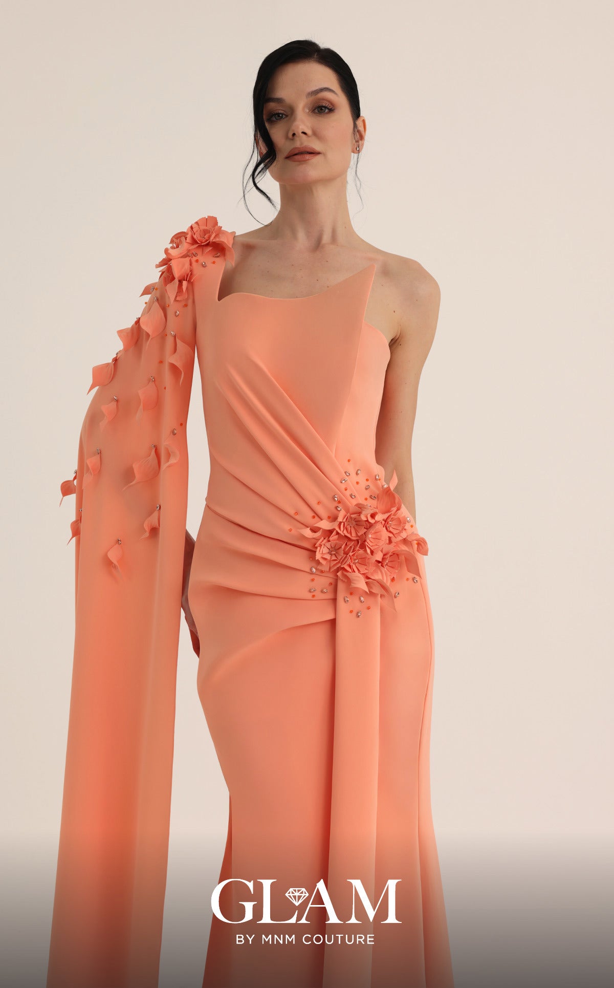 MNM Couture O07883 Orange 3D Floral One-Shoulder Cape Gown