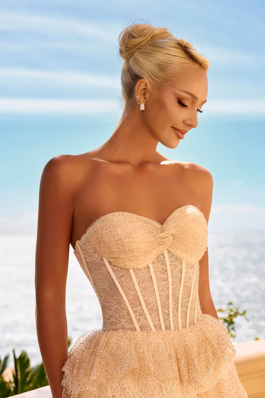 Portia & Scarlett PS26710 Champagne Strapless Sweetheart A-Line Lace Corset Mini Dress