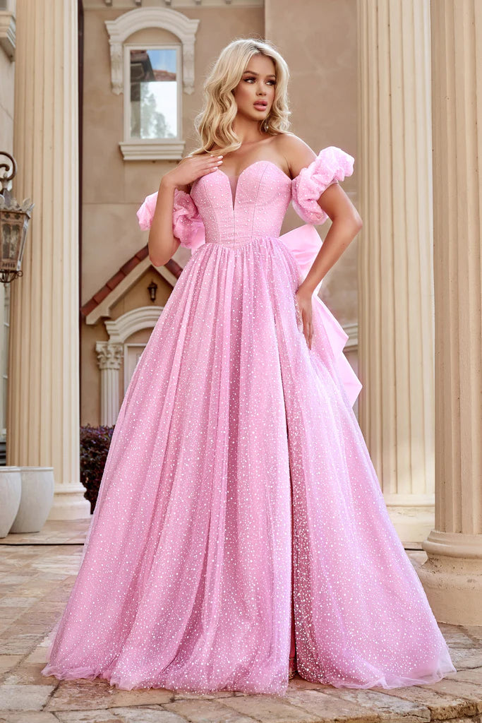 Portia and Scarlett PS24066 Bow Corset Back Glittler Ball Gown With Slit Prom & Evening Dress