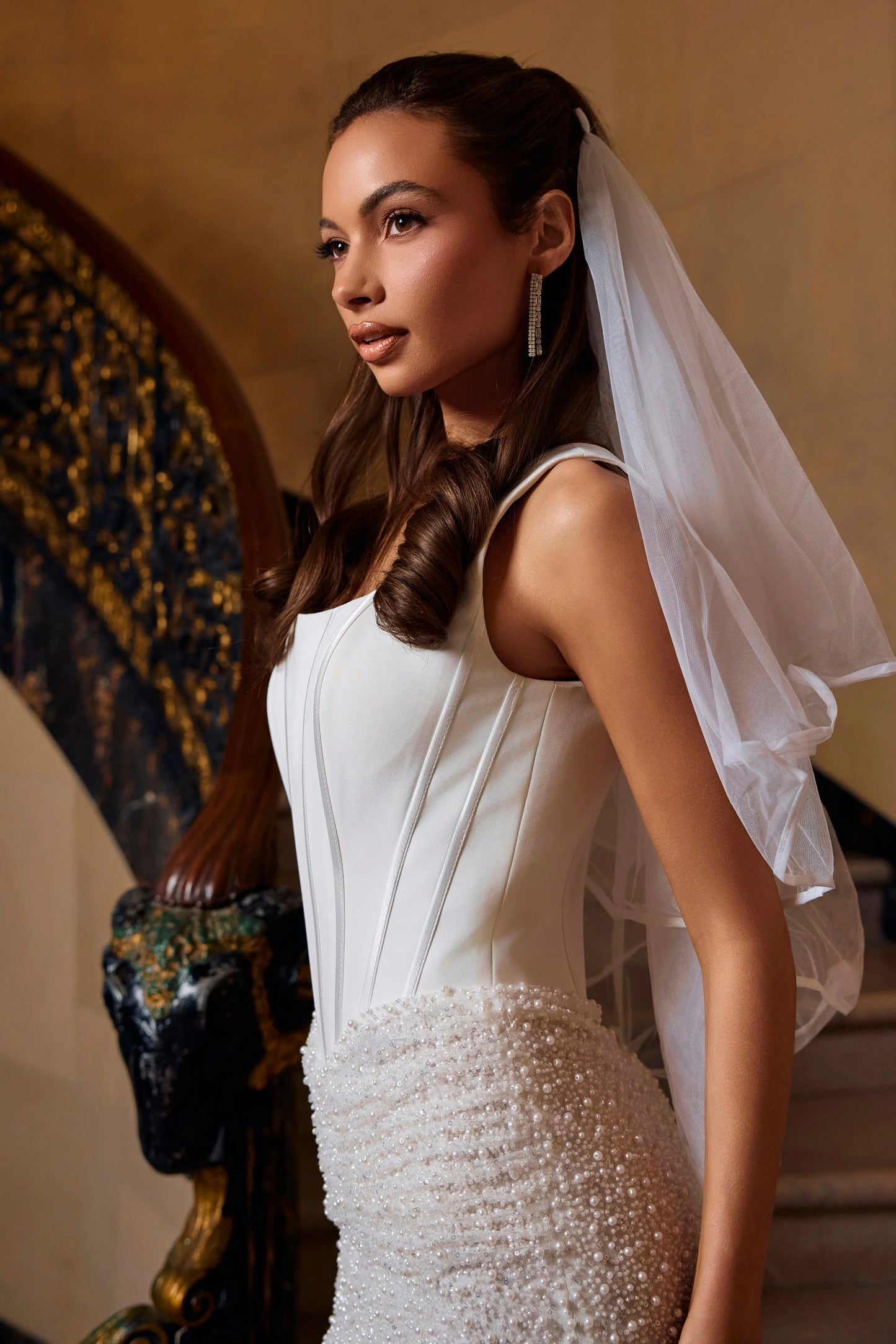 Portia & Scarlett PS26502 Ivory Pearl-Embellished Mini Dress with Structured Corset Bodice