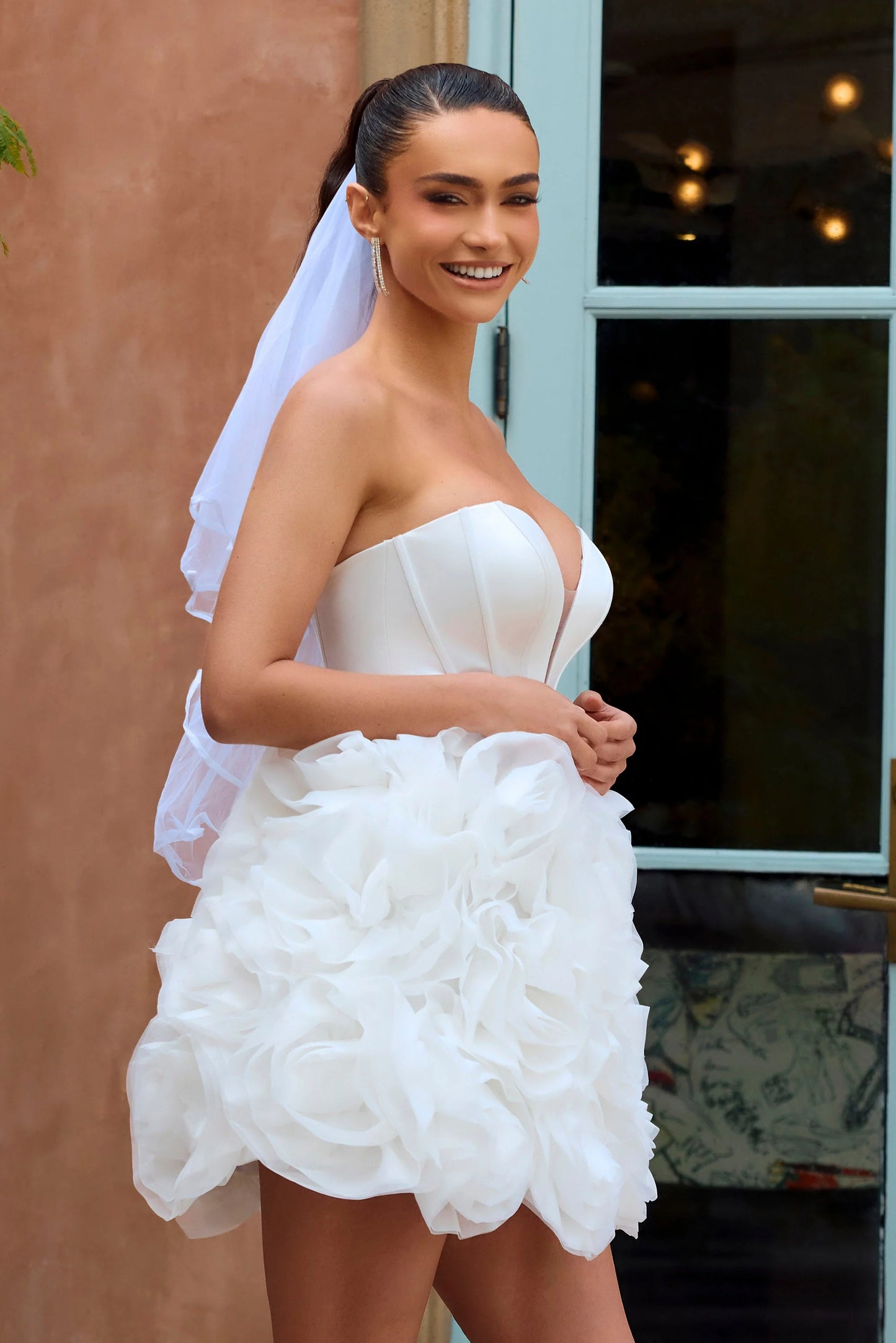 Portia & Scarlett PS26503 Ivory Strapless Plunging Corset Mini Dress with Voluminous Rosette Skirt