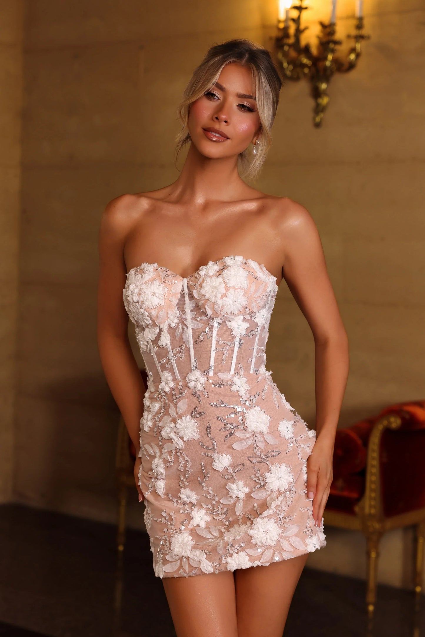 Portia & Scarlett PS26507 Floral Applique Strapless Nude/Ivory Mini Dress