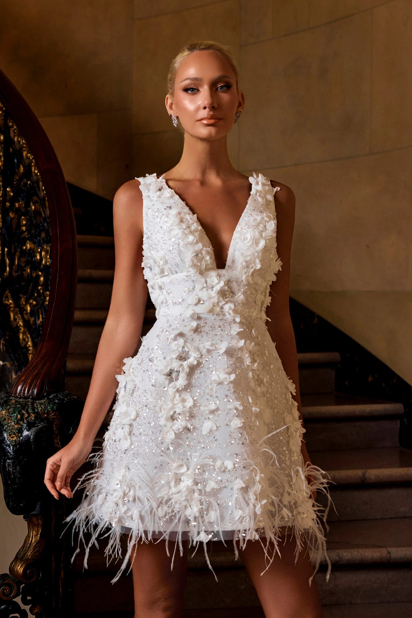 Portia & Scarlett PS26508 Ivory Sleeveless V-neckline 3D Floral and Feather Mini Dress