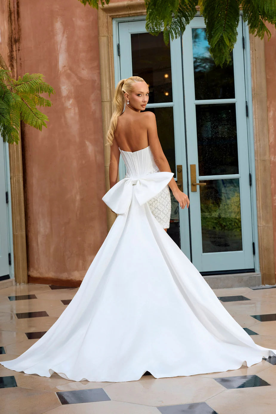 Portia & Scarlett PS26703 Ivory Strapless Mini Dress with a Corset-Style Bodice and Detachable Overskirt Train