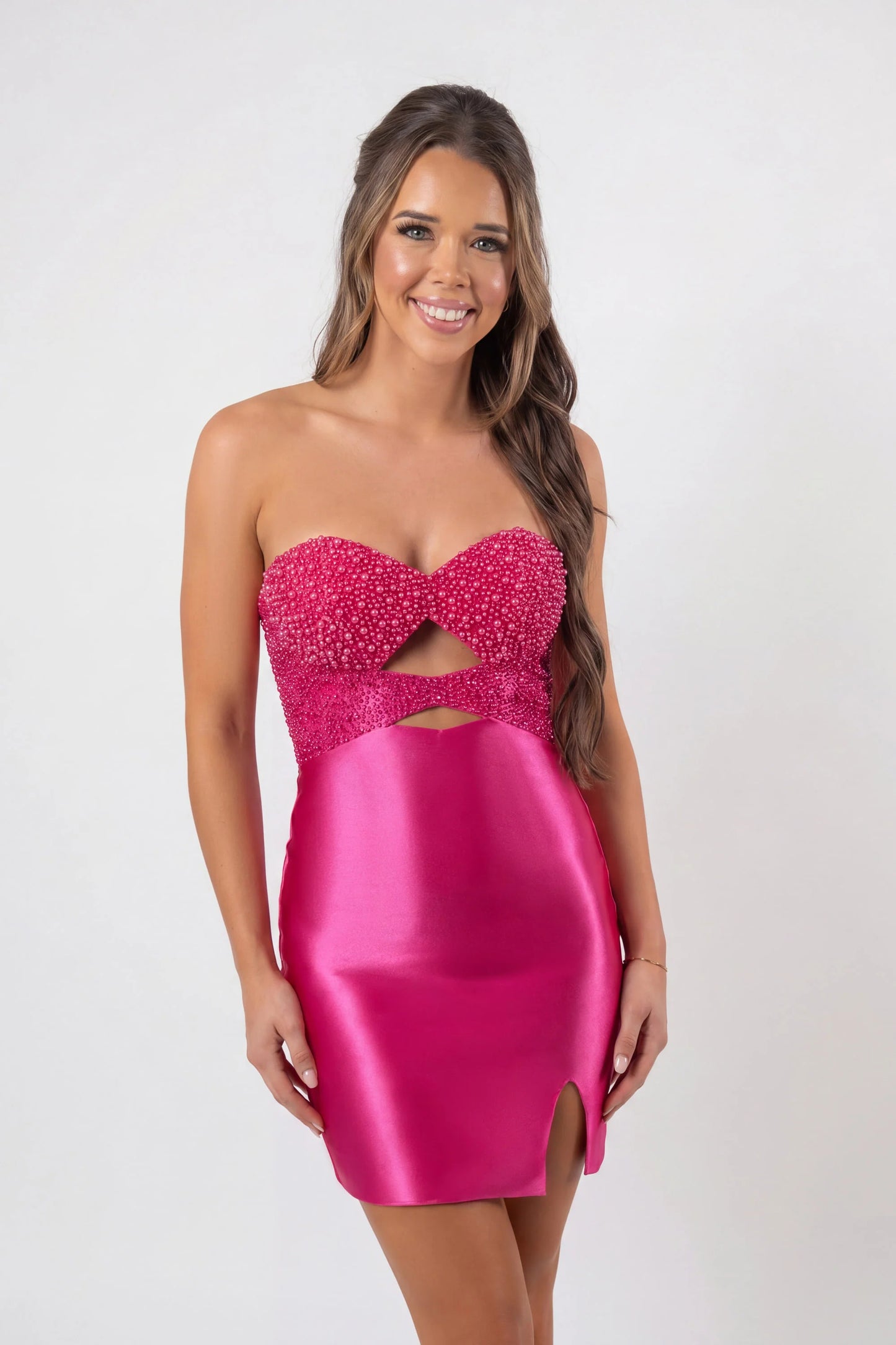 Portia & Scarlett PS26711 Pink Embellished Strapless Cutout Satin Mini Dress