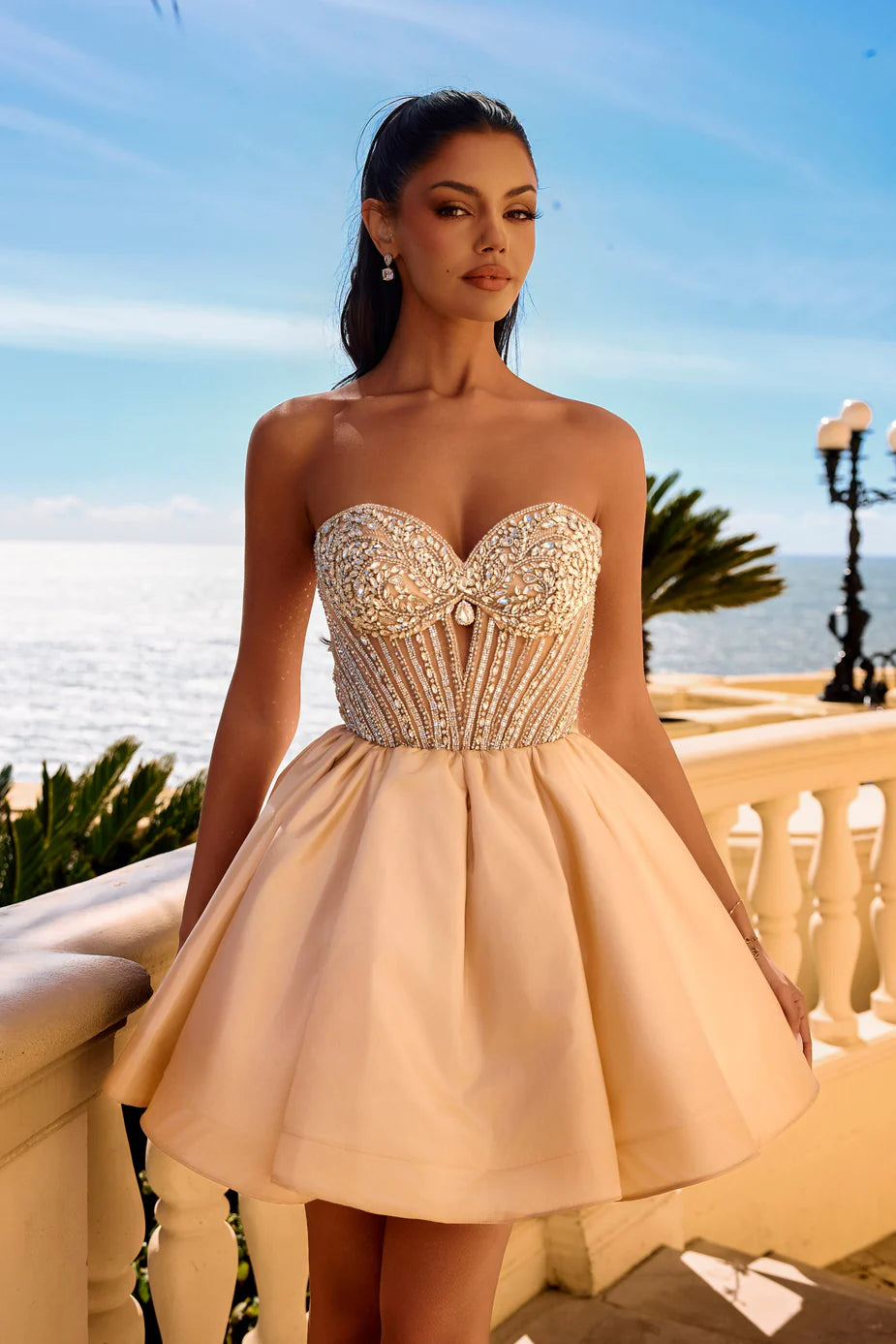 Portia & Scarlett PS26712 Champagne Strapless Embellished Mini Dress with Dazzling Beadwork and a Satin-Finish Flare Skirt