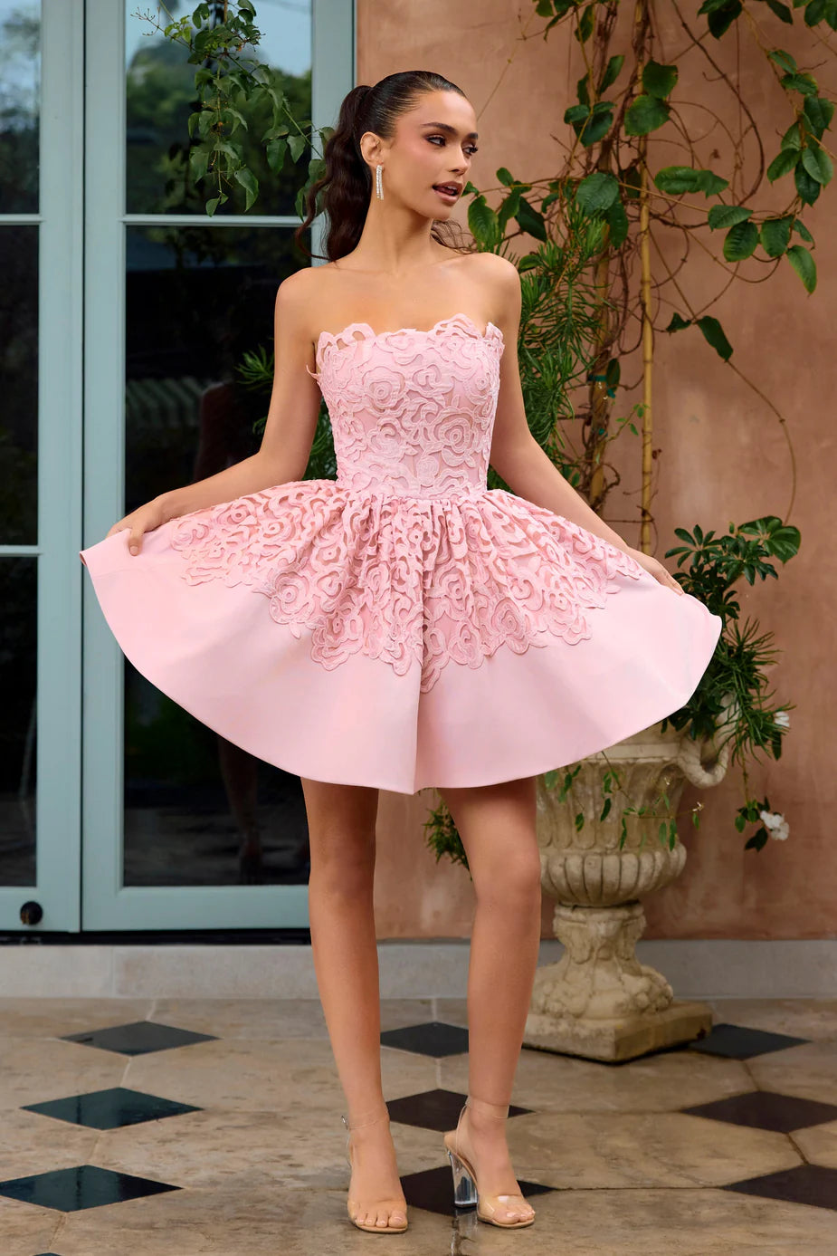 Portia & Scarlett PS26714 Pink Strapless Embroidered Mini Dress with a Scalloped Neckline and A-Line Flare Skirt