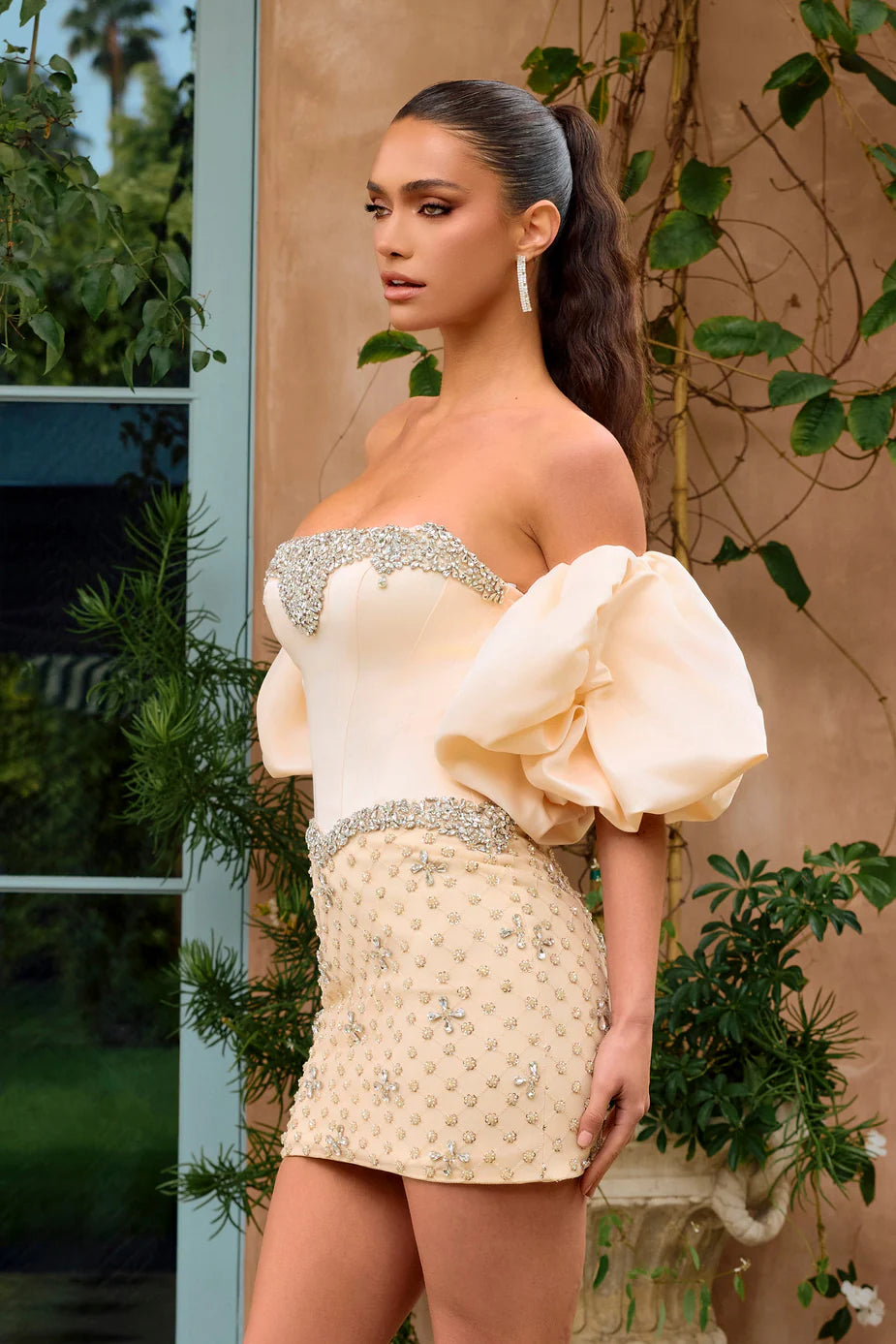 Portia & Scarlett PS26730 Champagne Corset-Style Off-the-Shoulder Mini Dress with Puff Sleeves and Embellished Crystal Trim