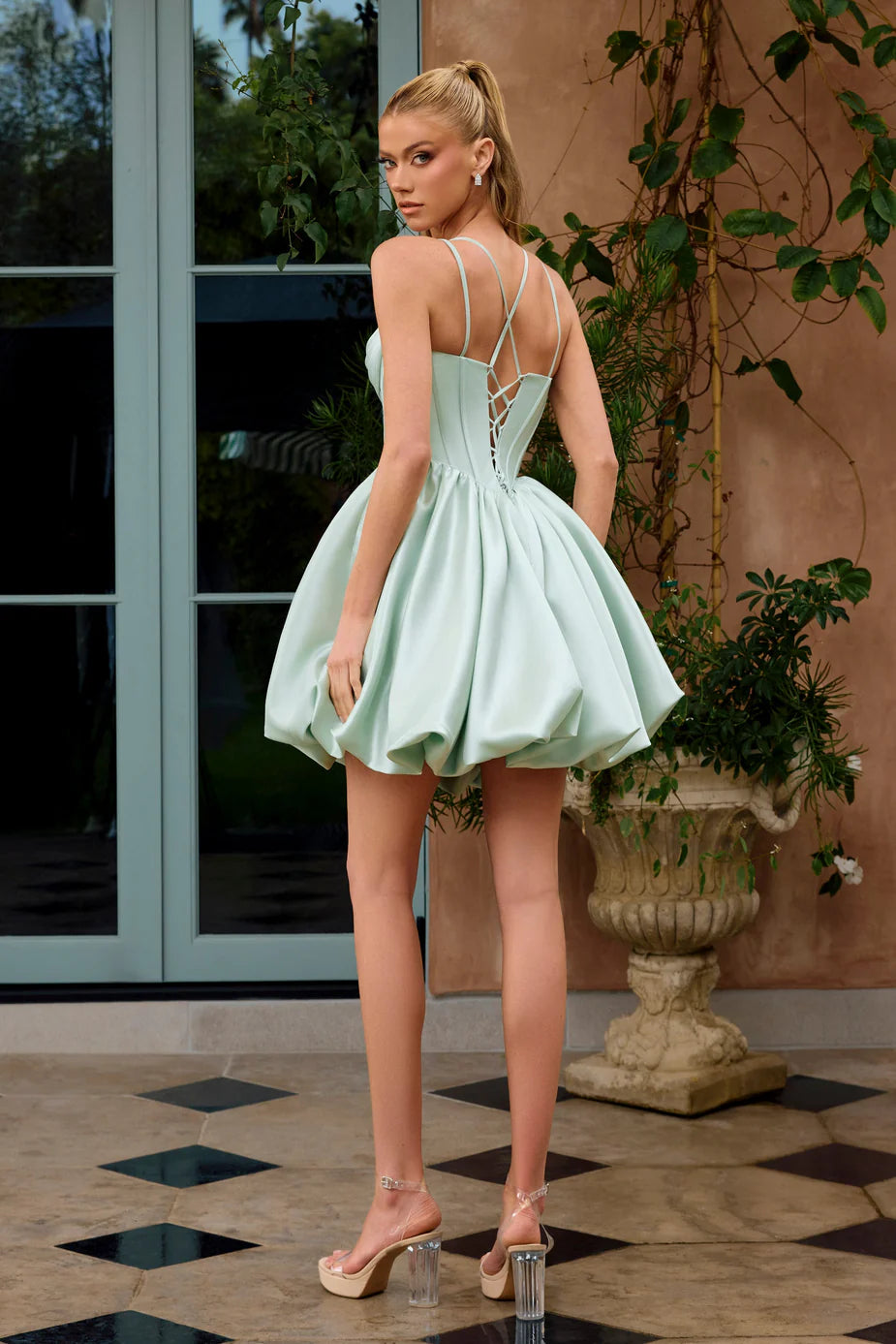 Portia & Scarlett PS26731 Mint Embellished Double Spaghetti-Strap Mini Dress with a Cowl-Draped Sweetheart Neckline and Corset Bodice
