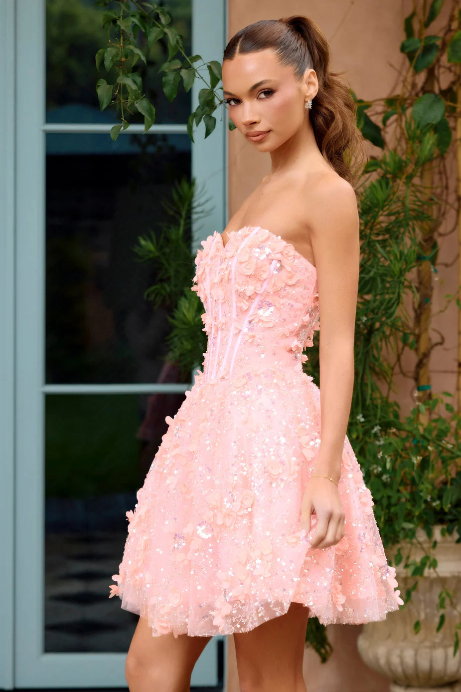 Portia & Scarlett PS26736 Pink Strapless Sweetheart-Neck Mini Dress with 3D Floral Appliques and a Flirty A-Line Skirt