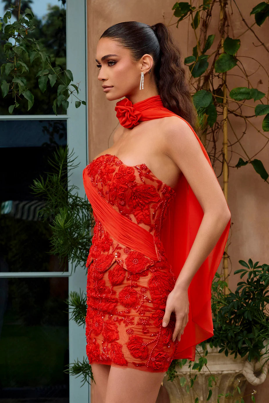 Portia & Scarlett PS26741 Red Strapless Pleated 3D Rosette Mini Dress with a Detachable Cape Choker