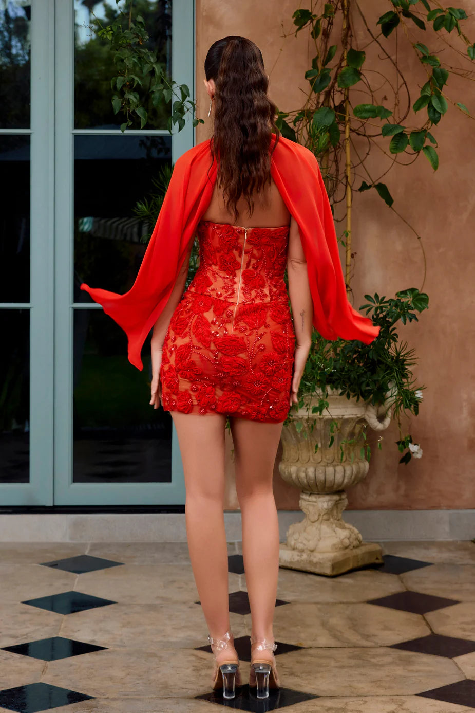 Portia & Scarlett PS26741 Red Strapless Pleated 3D Rosette Mini Dress with a Detachable Cape Choker