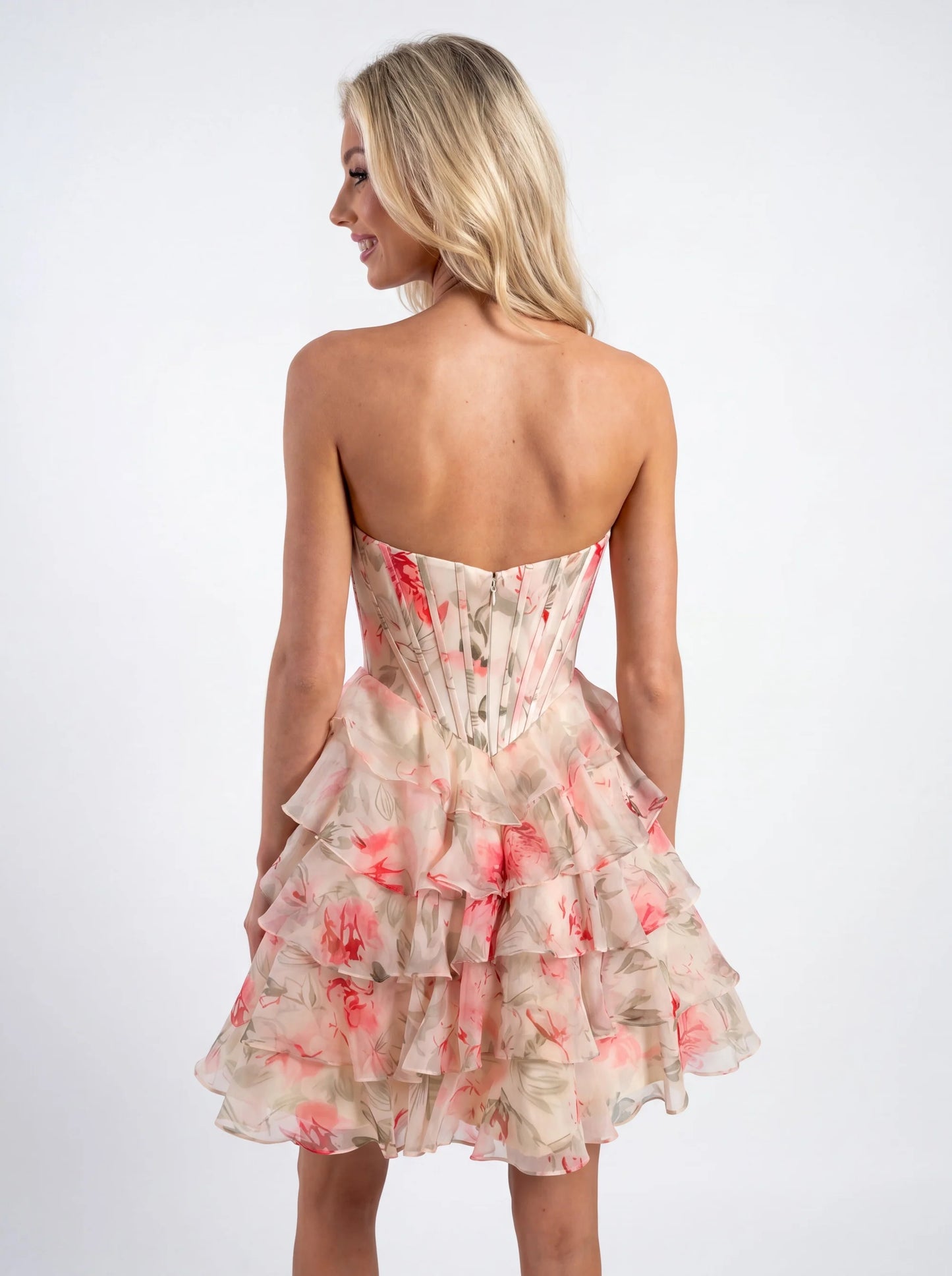Portia & Scarlett PS26747 Pink Strapless Floral Tiered Ruffle Corset Mini Dress