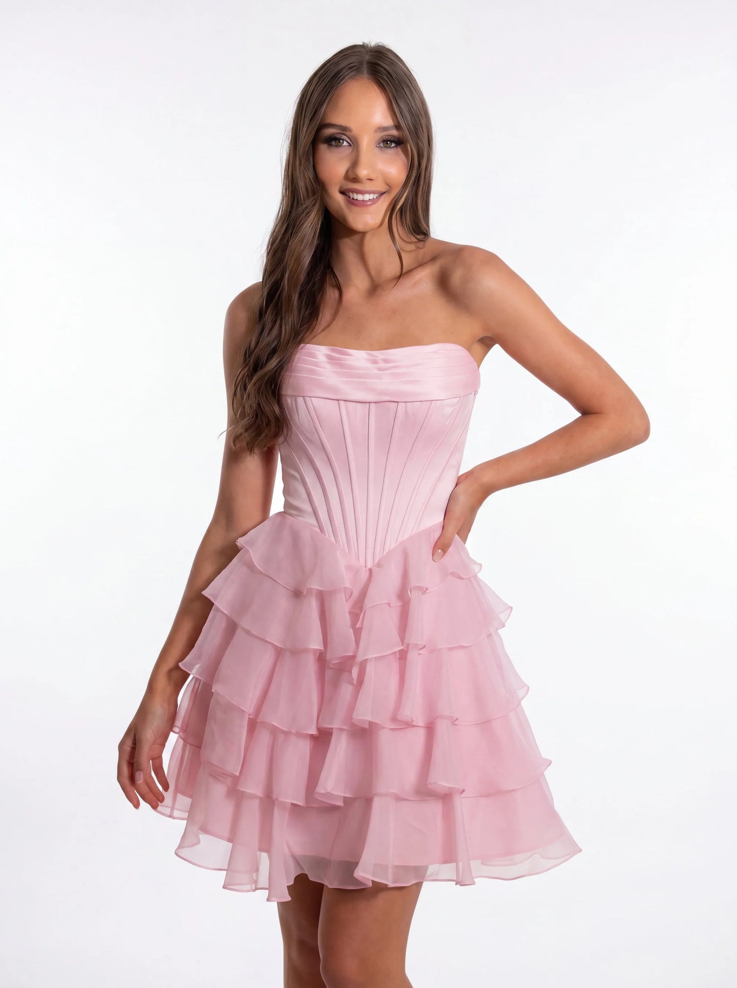 Portia & Scarlett PS26749 Pink Strapless Tiered Ruffle Chiffon Corset Dress