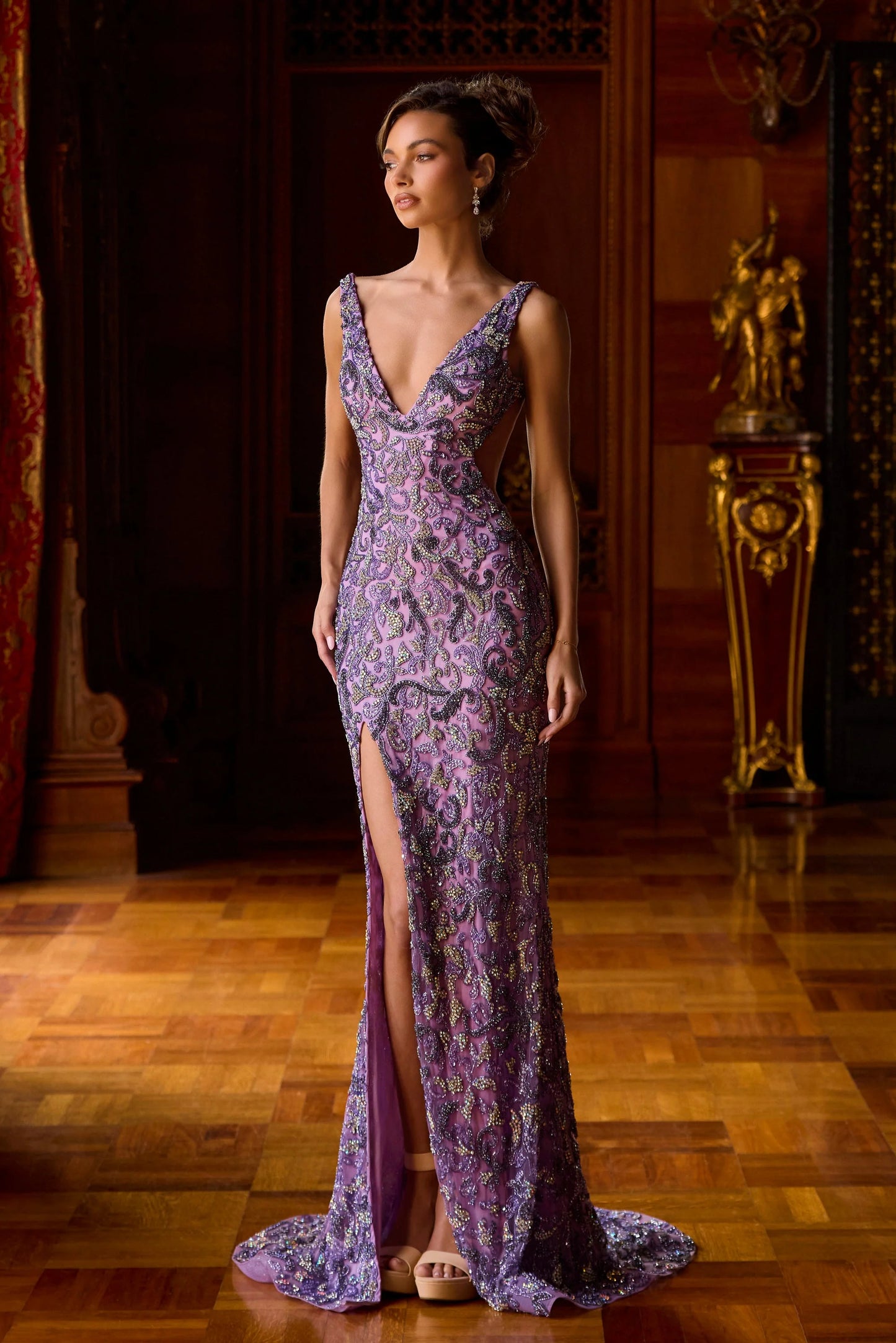 Portia & Scarlett PS26862C Purple Sleeveless Deep V-Neckline Multi-Toned Metallic and High Leg Slit Floor-length Gown