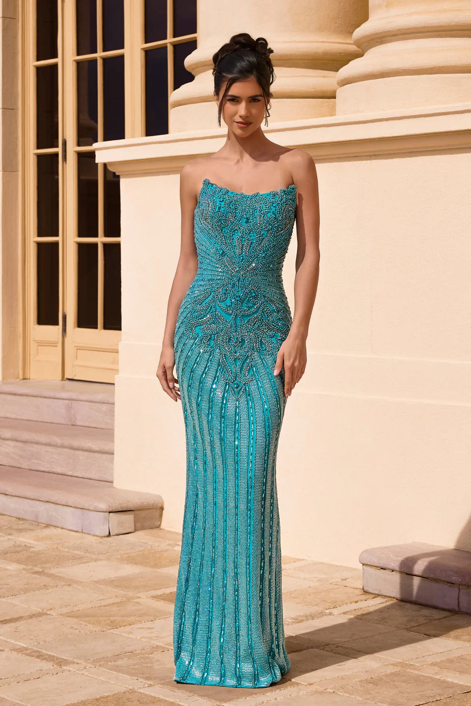 Portia & Scarlett PS26863C Pink Sequin Strapless Scooped Neckline Evening Gown