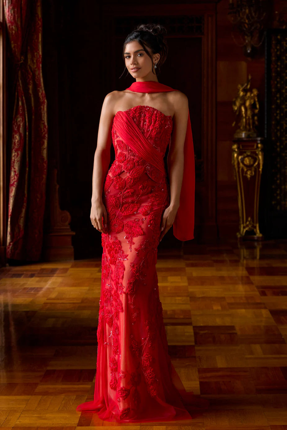 Portia & Scarlett PS26900E Red Strapless Neckline Pleated wrap 3D Floral Lace Appliques