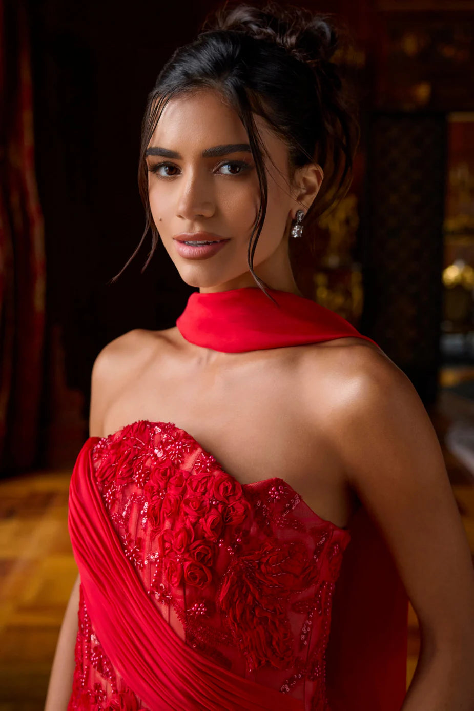 Portia & Scarlett PS26900E Red Strapless Neckline Pleated wrap 3D Floral Lace Appliques