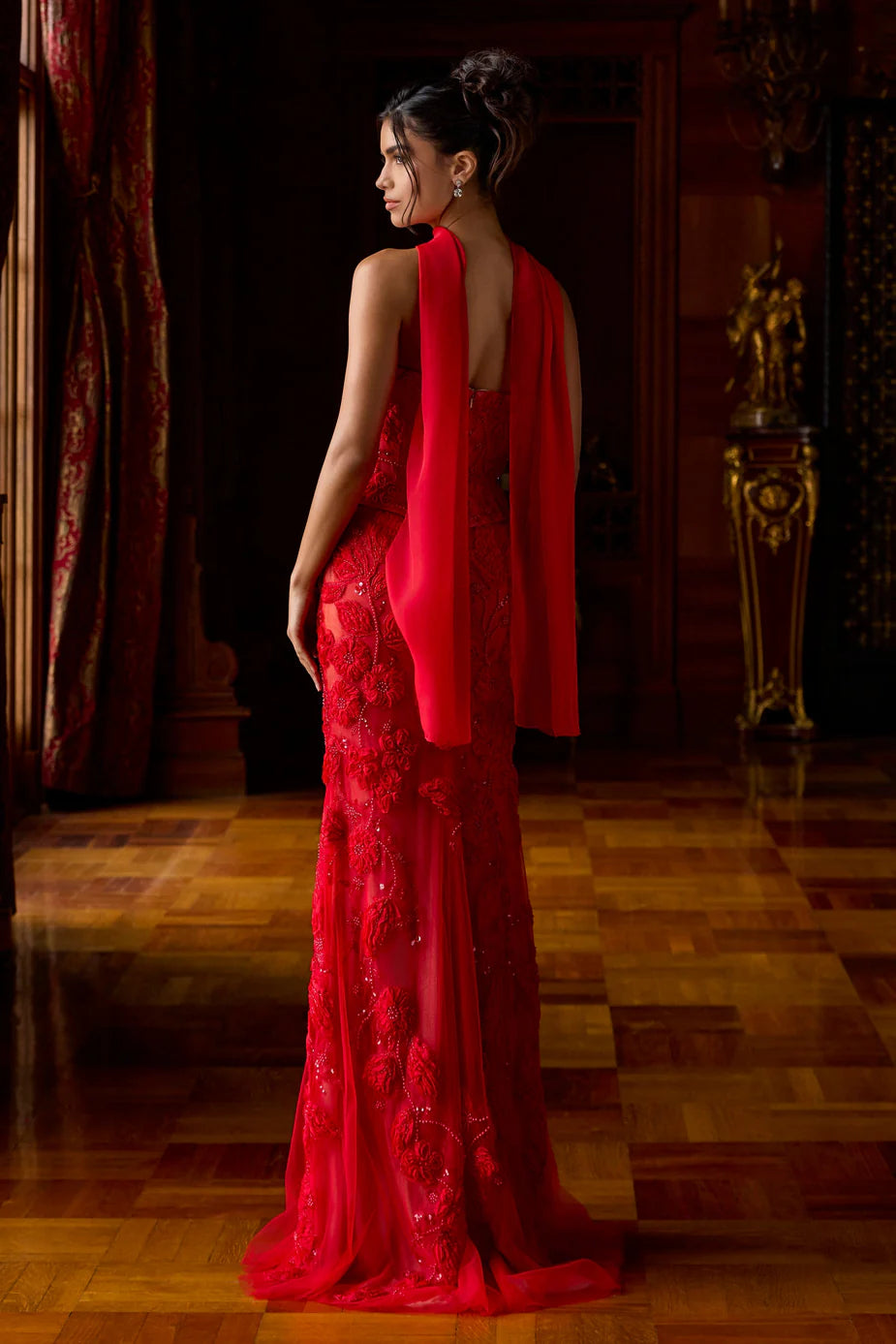 Portia & Scarlett PS26900E Red Strapless Neckline Pleated wrap 3D Floral Lace Appliques