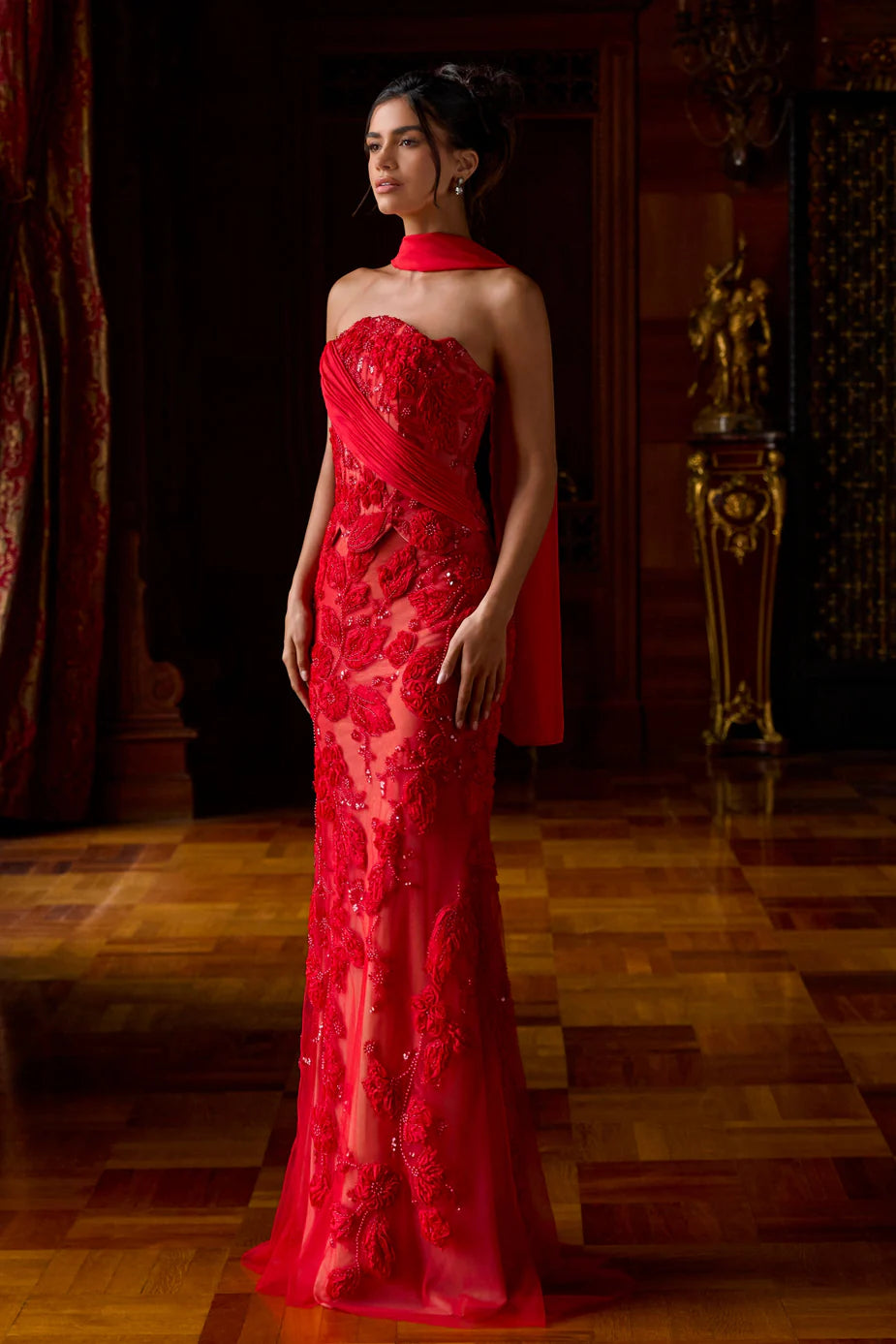 Portia & Scarlett PS26900E Red Strapless Neckline Pleated wrap 3D Floral Lace Appliques