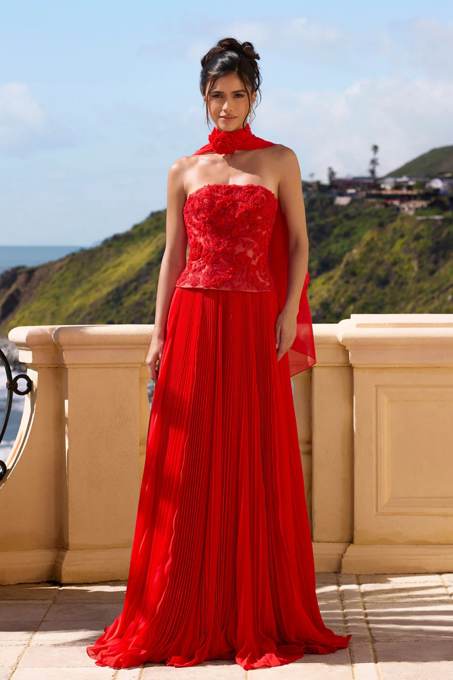 Portia & Scarlett PS26902E Red Strapless Pleated A-Line Gown with Detachable Neck Cape