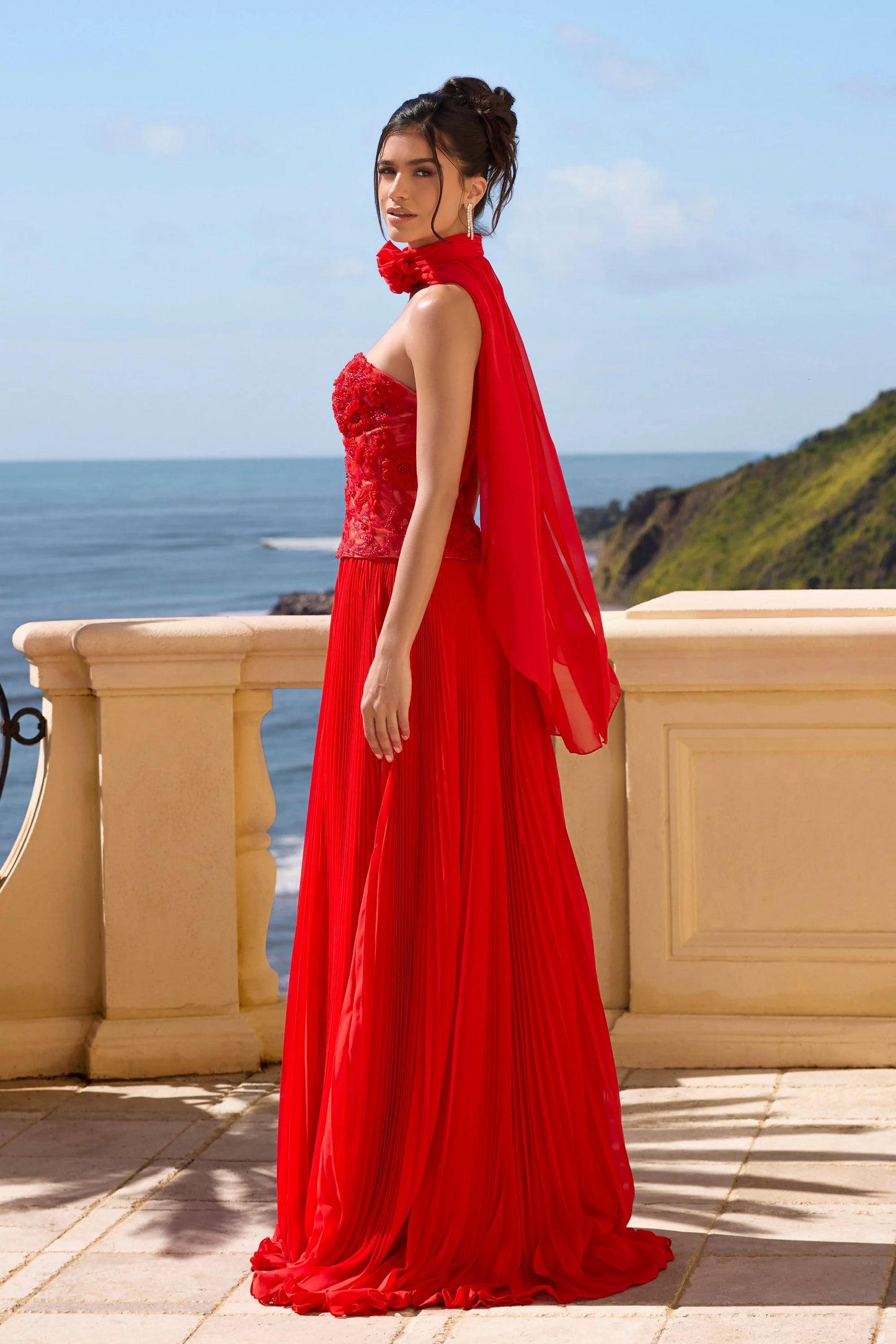 Portia & Scarlett PS26902E Red Strapless Pleated A-Line Gown with Detachable Neck Cape