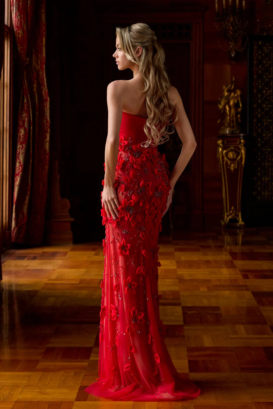 Portia & Scarlett PS26903E Red Strapless 3D Floral Applique Gown with High Slit