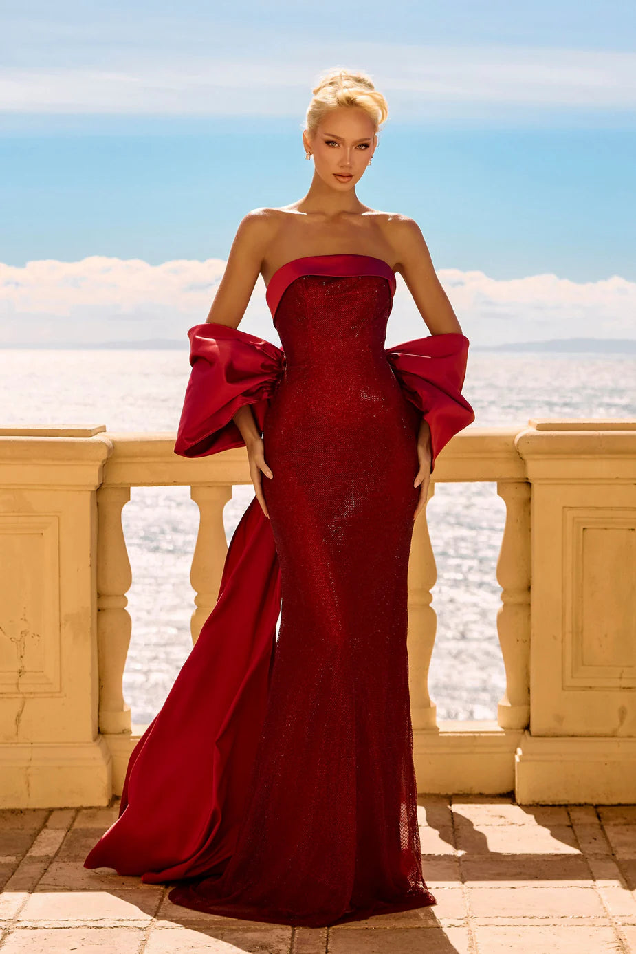 Portia & Scarlett PS26904E Red Strapless Cape/Shawl Mermaid Gown