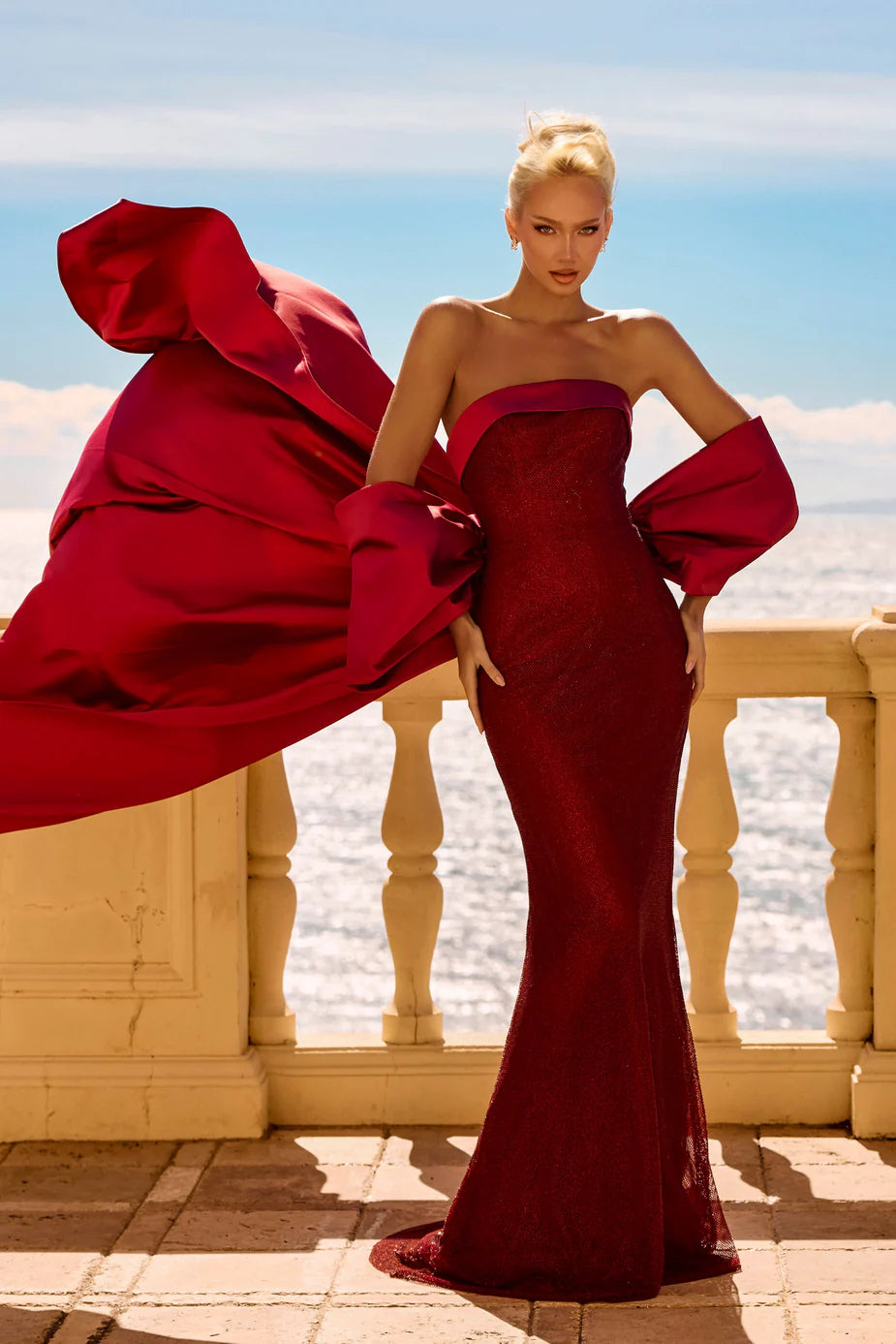 Portia & Scarlett PS26904E Red Strapless Cape/Shawl Mermaid Gown