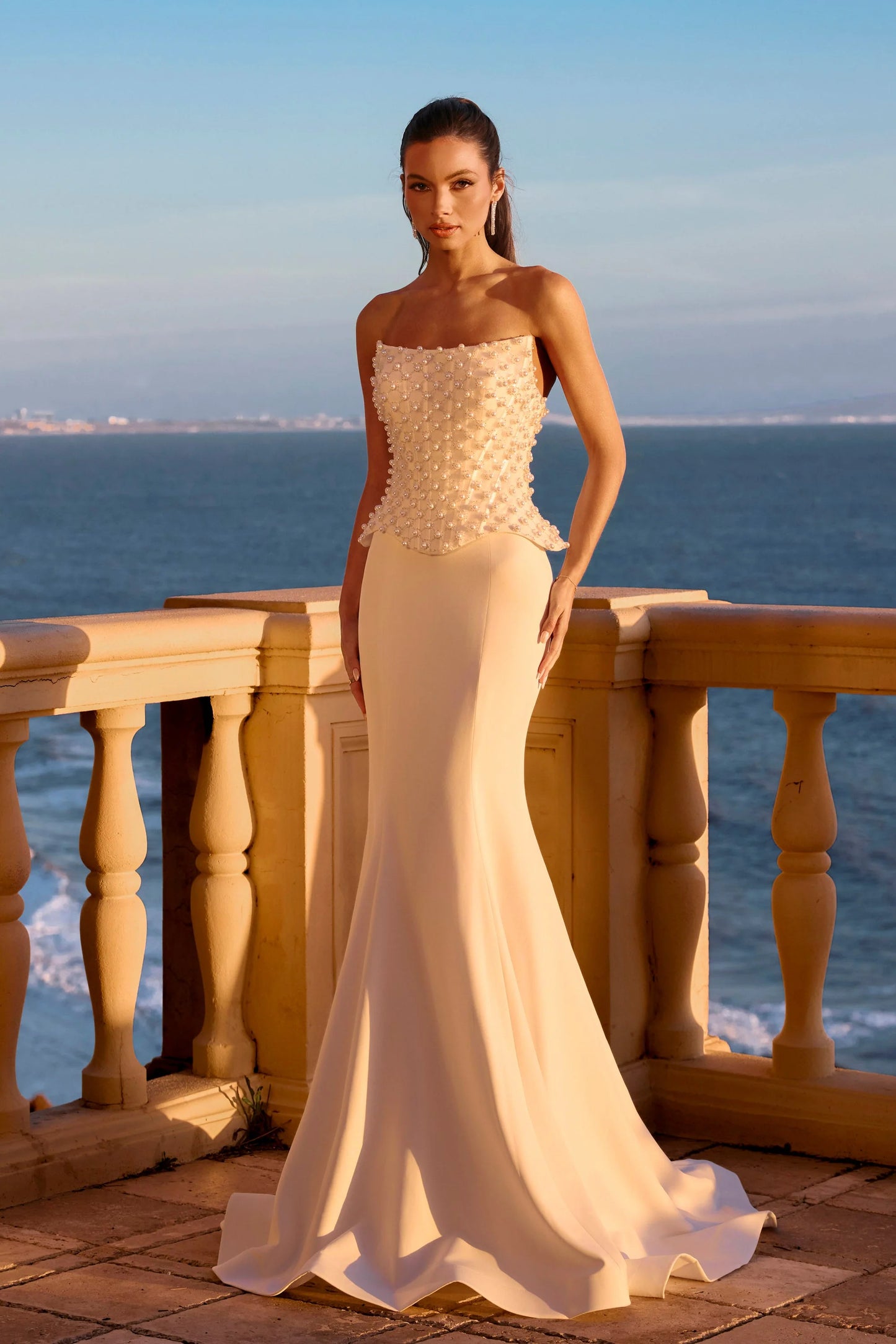 Portia & Scarlett PS26907E White Pearl Embellished Peplum Mermaid Gown