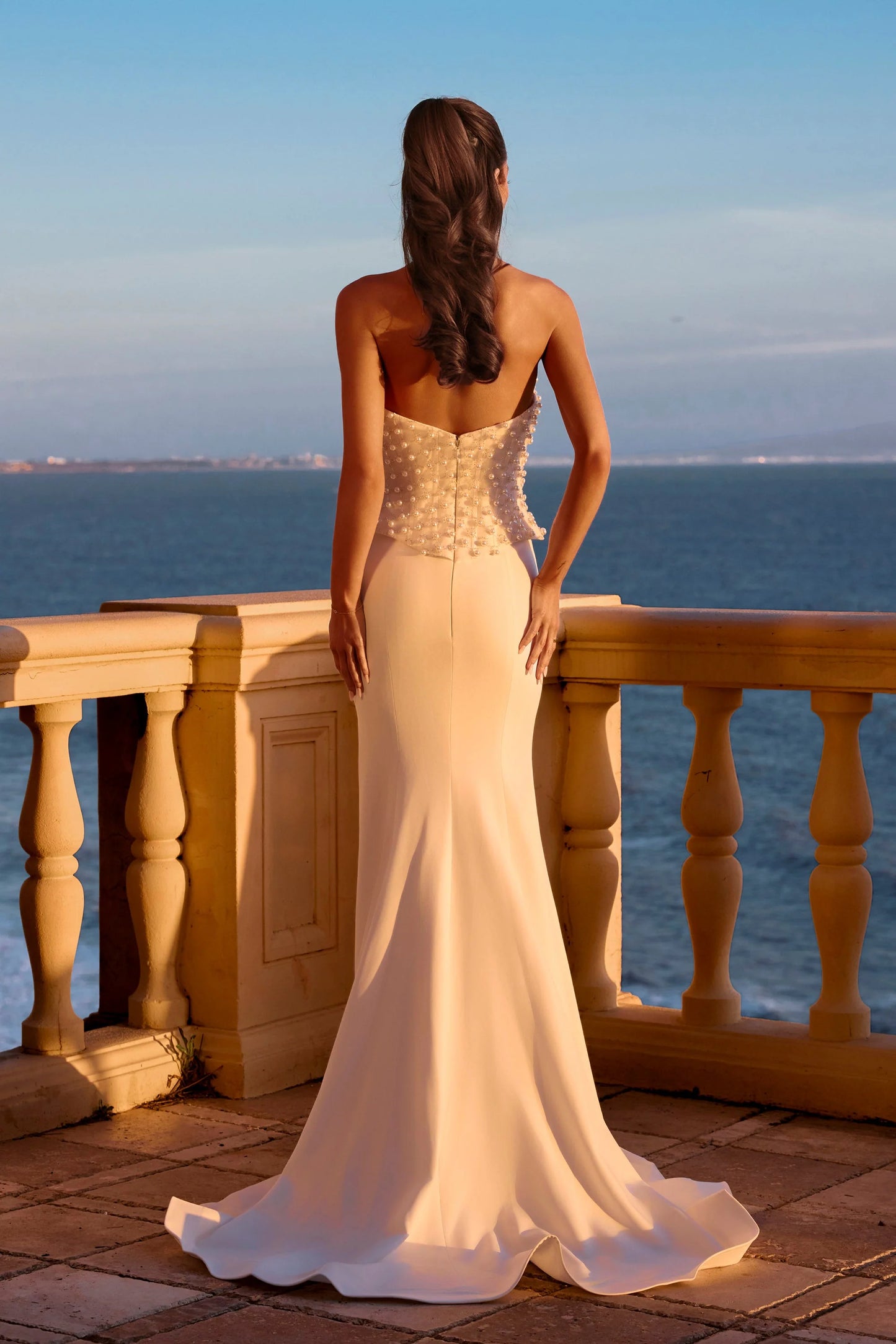 Portia & Scarlett PS26907E White Pearl Embellished Peplum Mermaid Gown