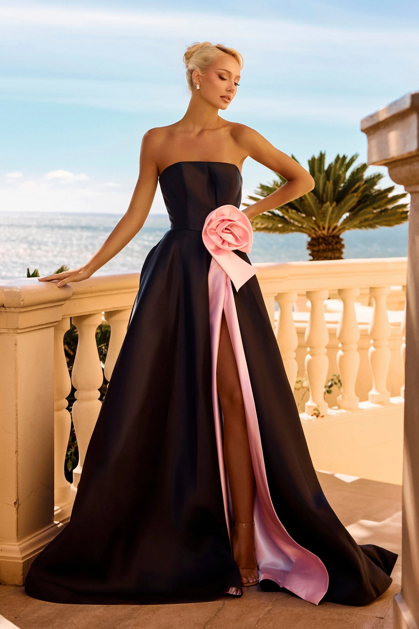 Portia & Scarlett PS26913E Black/Pink Strapless 3D Rose Detail Evening Gown with Slit