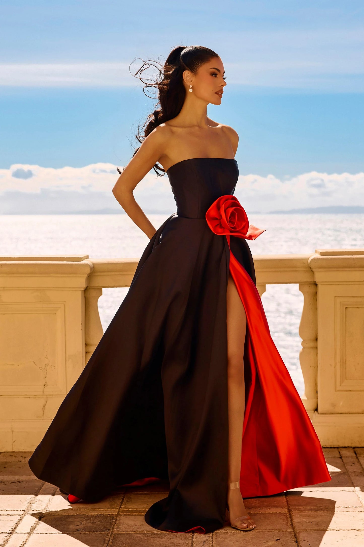 Portia & Scarlett PS26913E Black/Pink Strapless 3D Rose Detail Evening Gown with Slit