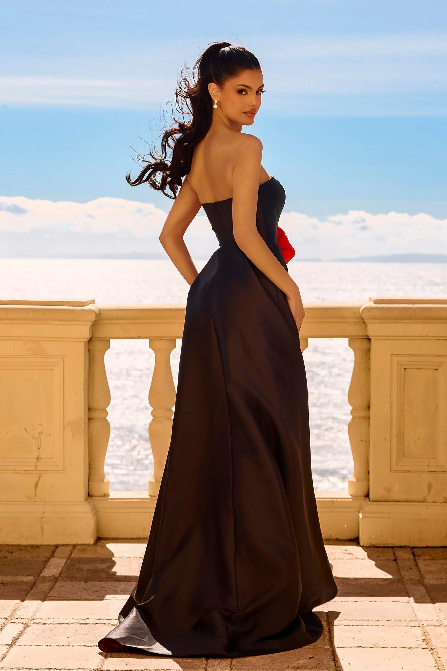 Portia & Scarlett PS26913E Black/Pink Strapless 3D Rose Detail Evening Gown with Slit