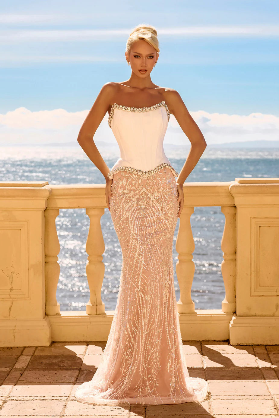 Portia & Scarlett PS26914E White/Pink Strapless Curved Neckline Sparkling Patterned Beadwork and Sequins Mermaid Gown