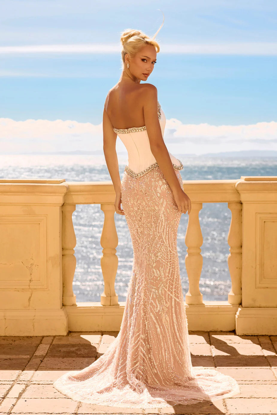 Portia & Scarlett PS26914E White/Pink Strapless Curved Neckline Sparkling Patterned Beadwork and Sequins Mermaid Gown