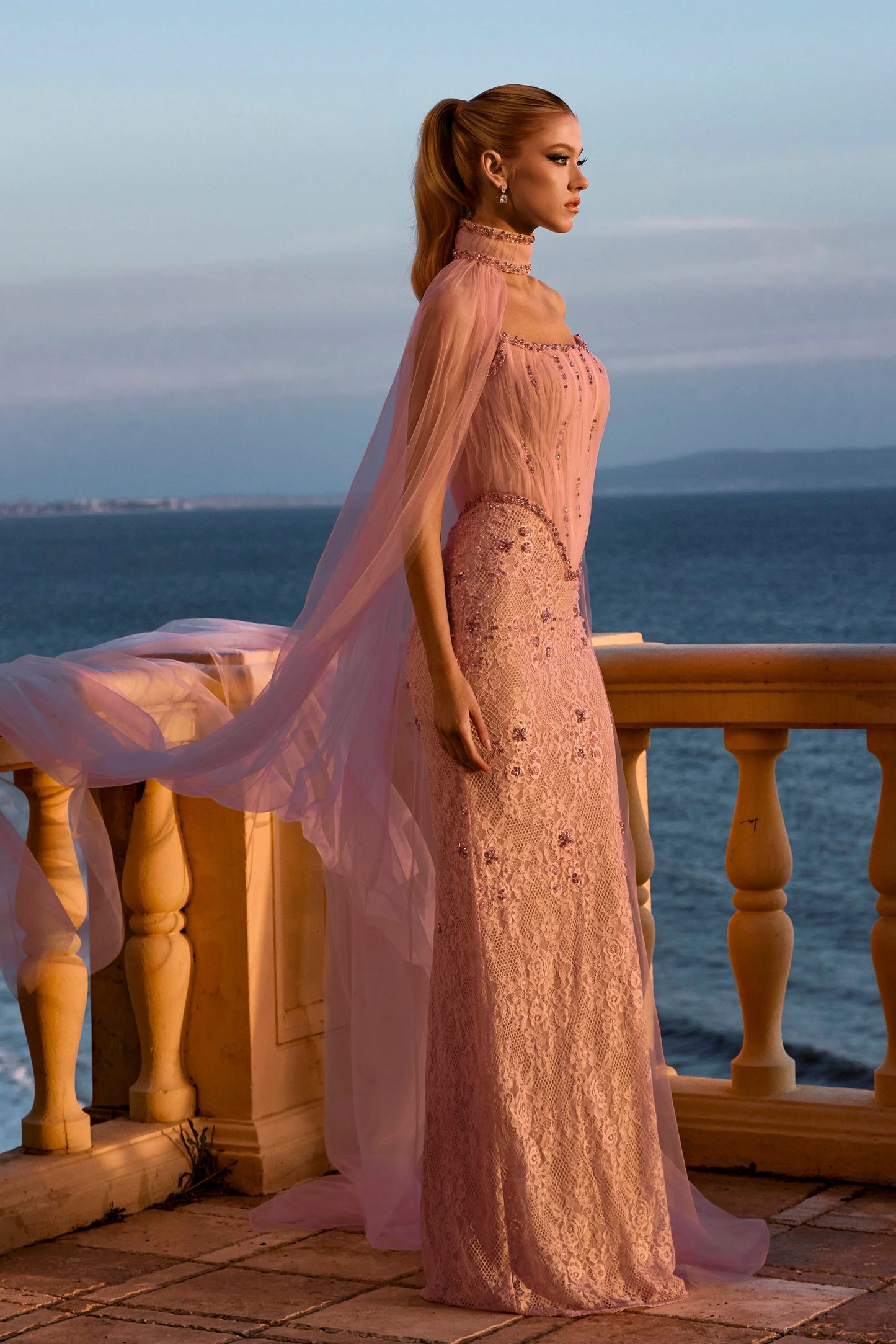Portia & Scarlett PS26916E Pink Strapless Straight Neckline Corset Evening Gown with Cape