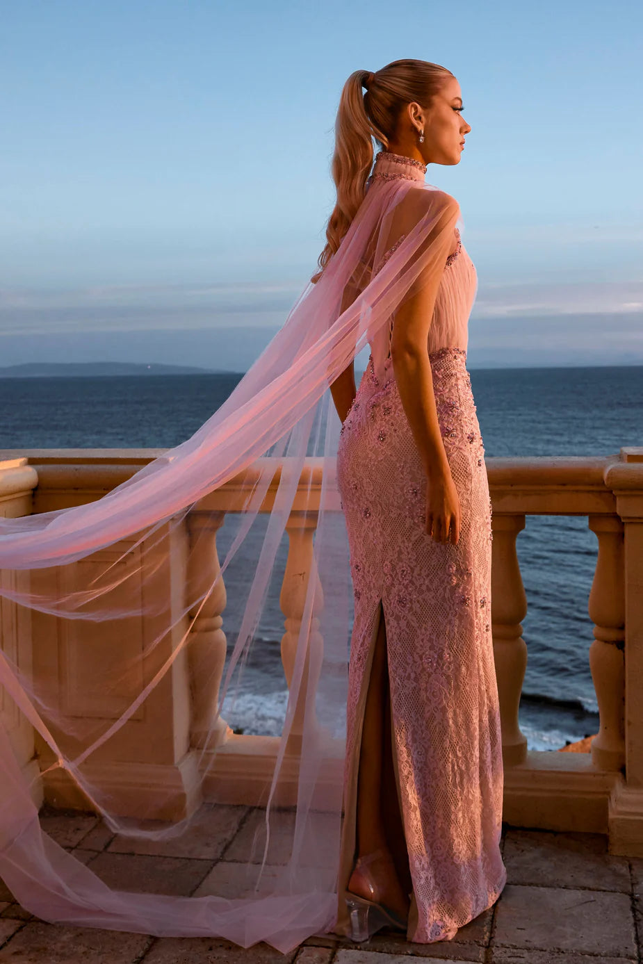 Portia & Scarlett PS26916E Pink Strapless Straight Neckline Corset Evening Gown with Cape