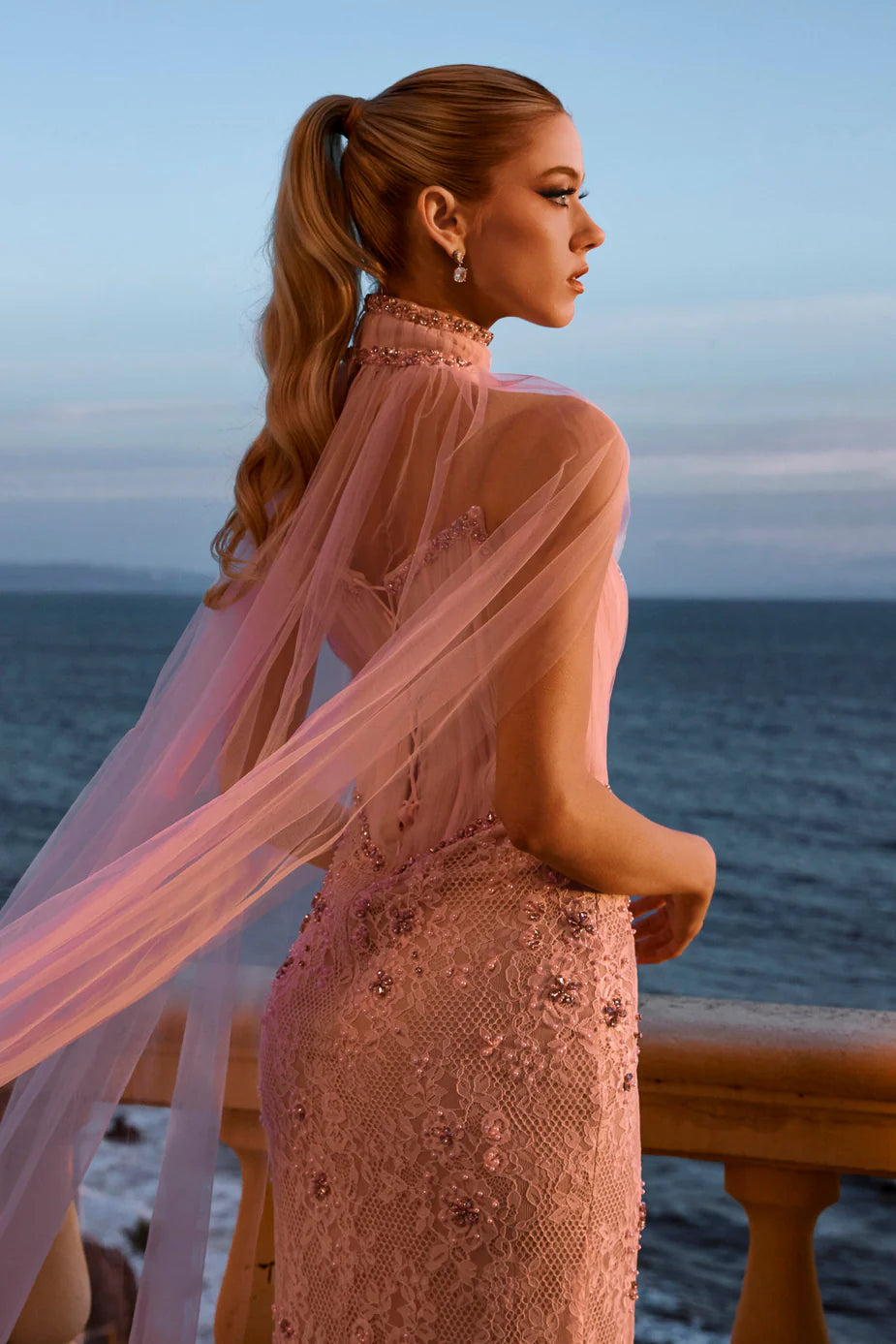 Portia & Scarlett PS26916E Pink Strapless Straight Neckline Corset Evening Gown with Cape