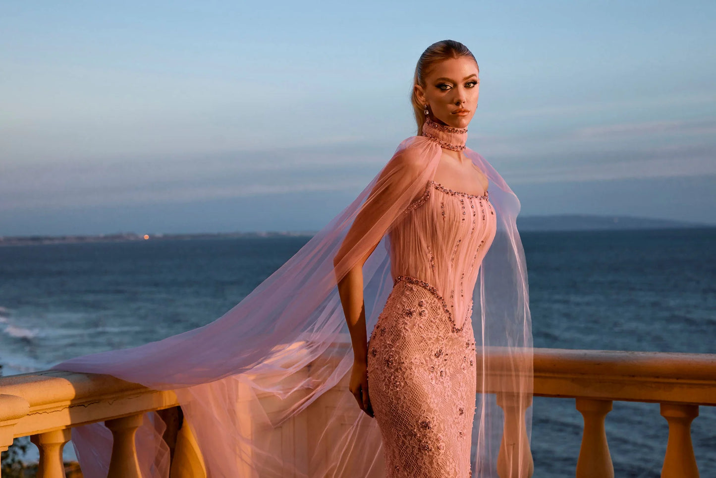 Portia & Scarlett PS26916E Pink Strapless Straight Neckline Corset Evening Gown with Cape