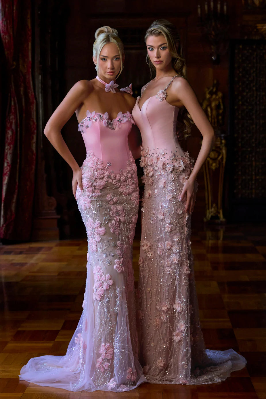 Portia & Scarlett PS26911E Pink Crystal-Embellished Shoulder Straps 3D Floral Appliques Evening Gown