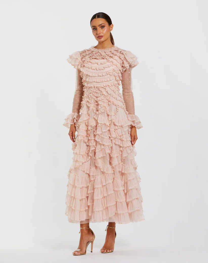 Mac Duggal 8274 Tiered Ruffle Trim Long Sleeve Midi Dress B Chic Fashions Mac Duggal 8274 Tiered Ruffle Trim Long Sleeve Midi Dress B Chic Fashions